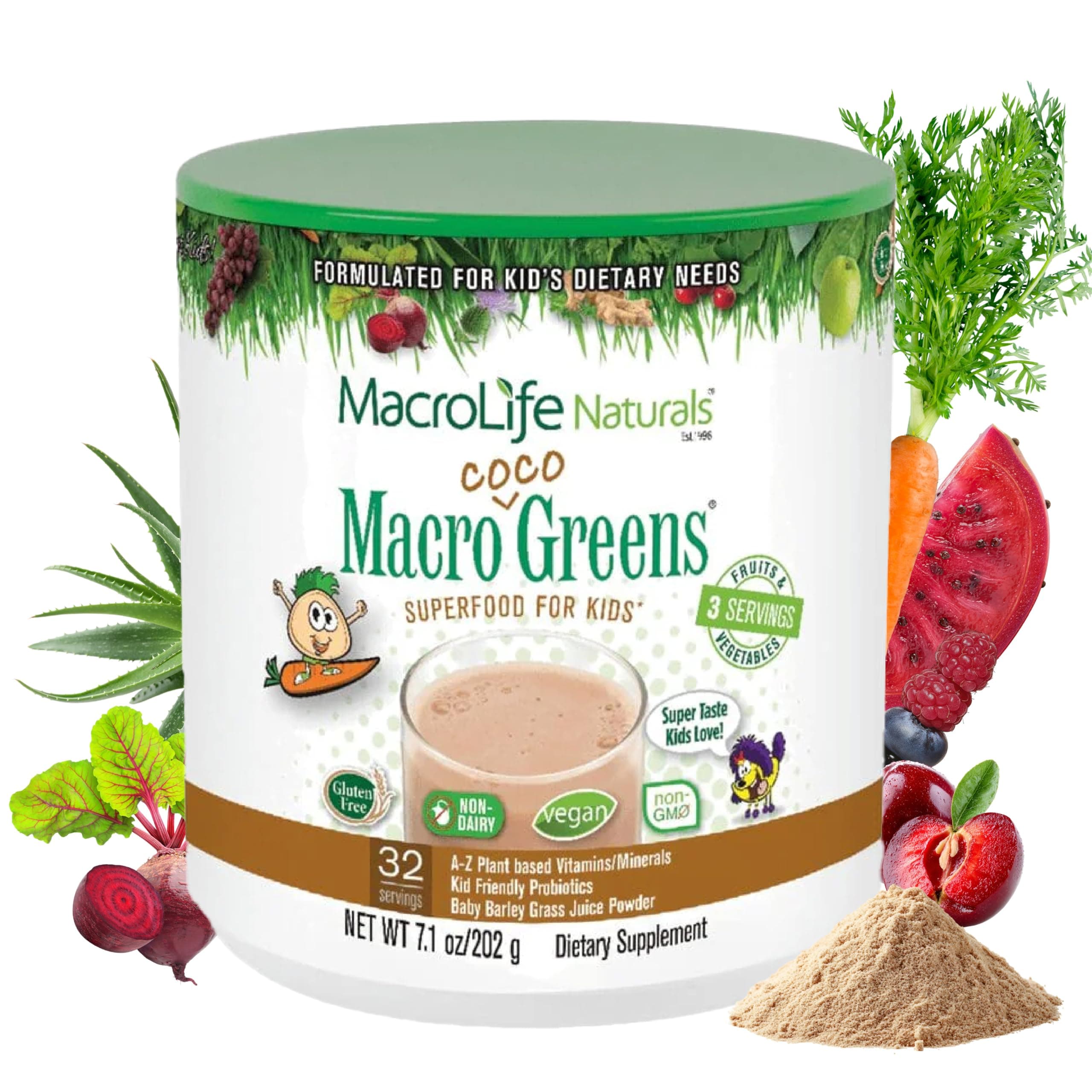 MacroCoco Super Greens Drink, Chocolate Powder Superfood for Kids & Teens - Whole Food Fruit & Vegetable Multi-Vitamins Probiotics Digestive Enzymes & Fiber Supplement - 32 Servings