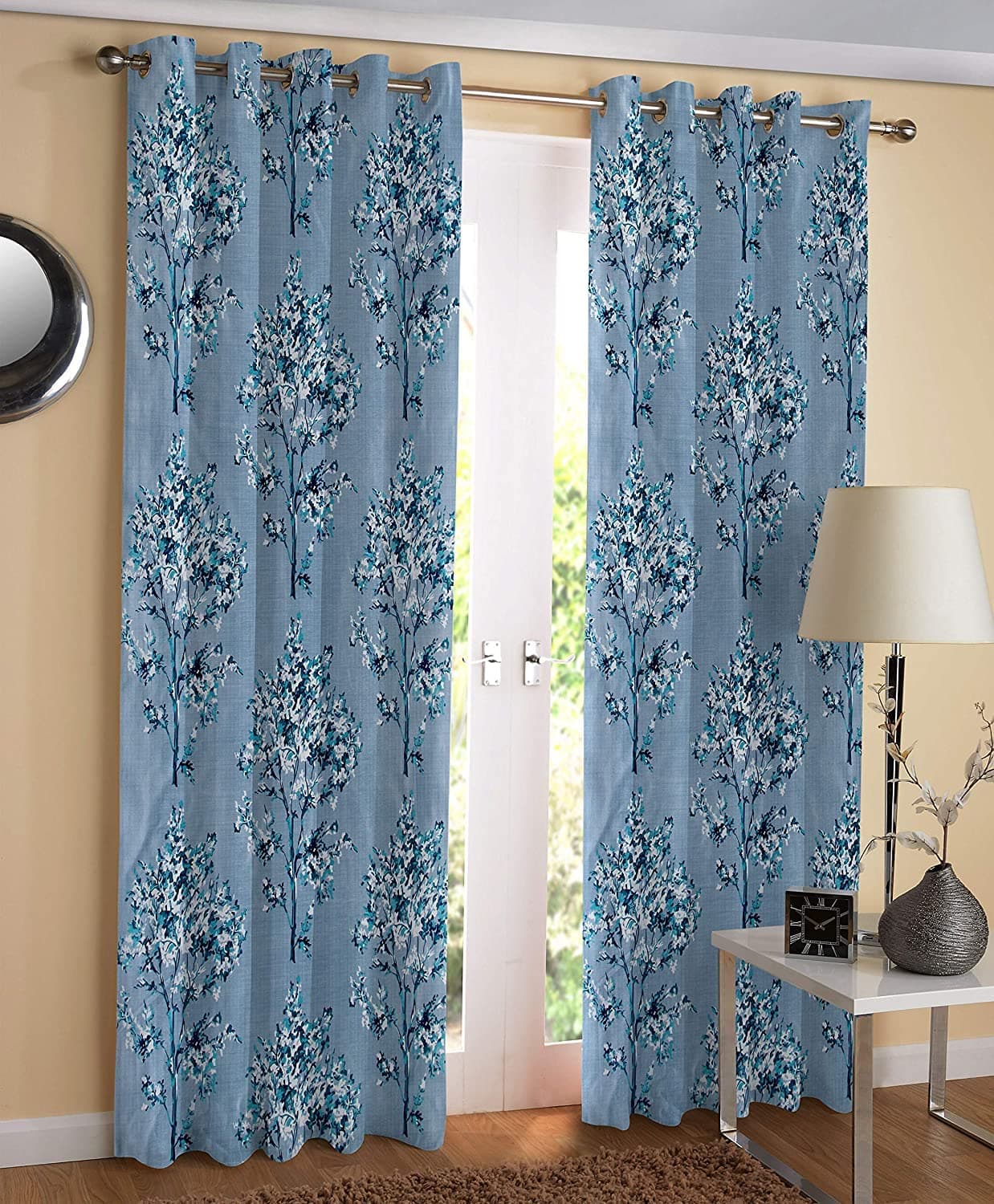 Genius Cart Long Crush Modern Floral Floral Set of 3pc Curtains Eyelet Ring 80% Blackout (Color Name: Aqua Blue-1, 4 x 5)