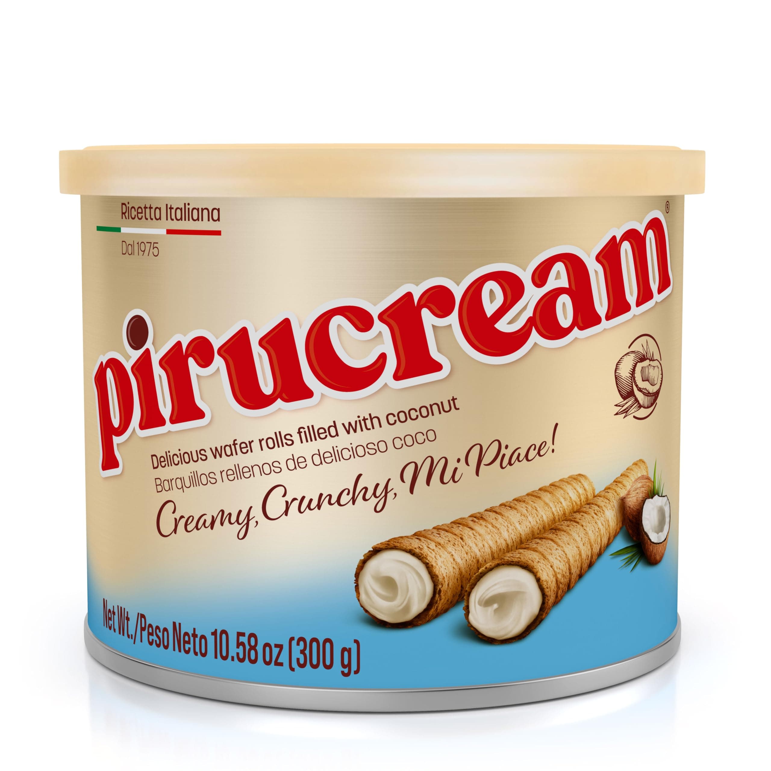 Pirucream Rolled Wafers with Coco Cream, Organic – No Trans-Fat, Preservatives, Colorants or Additives and without Palm Oil (300Gr/ 10.58Oz – 1 Pack Tin)