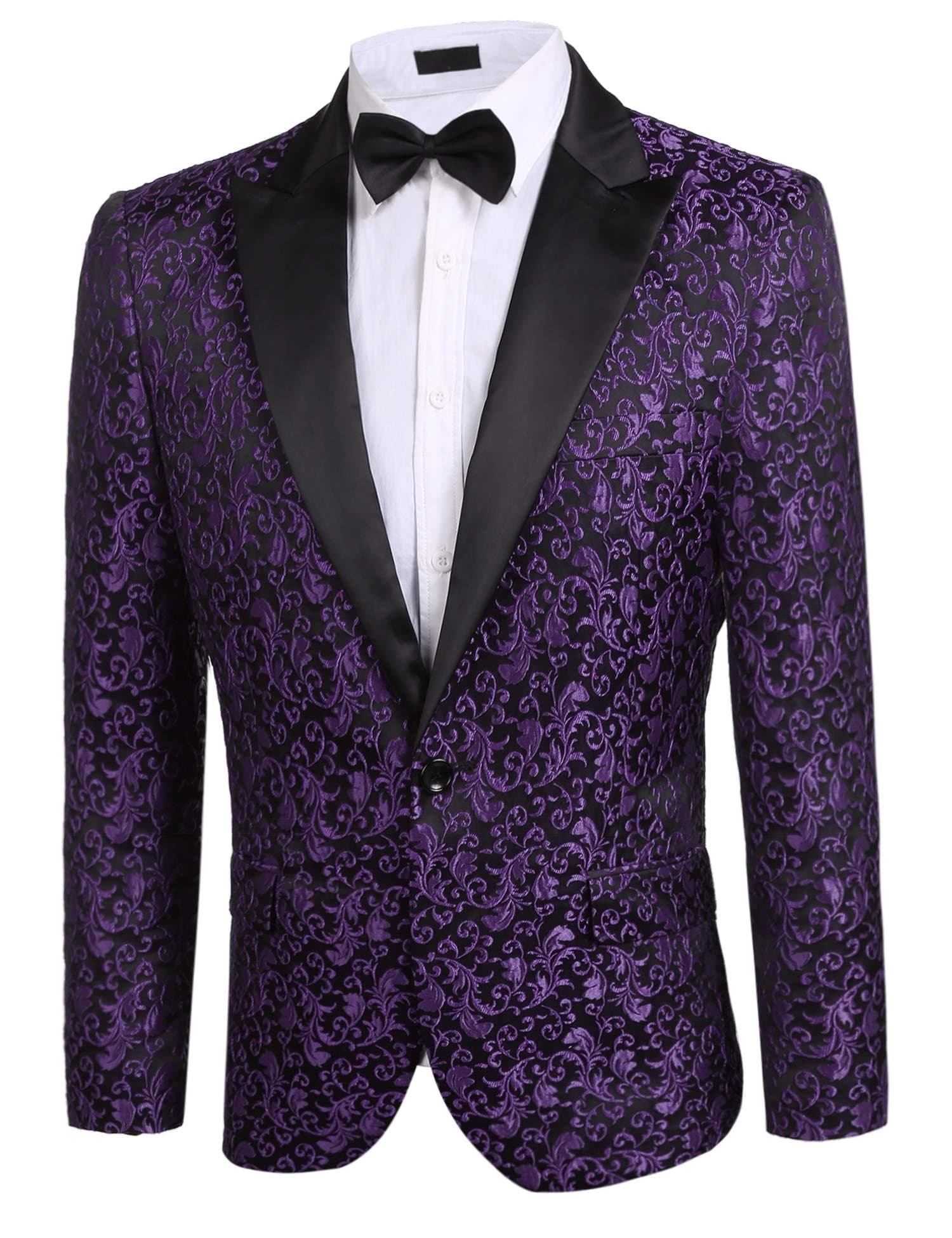 Donet Men's Floral Party Dress Suit Notched Lapel Stylish Dinner Jacket Wedding Blazer Prom Tuxedo Purple Large