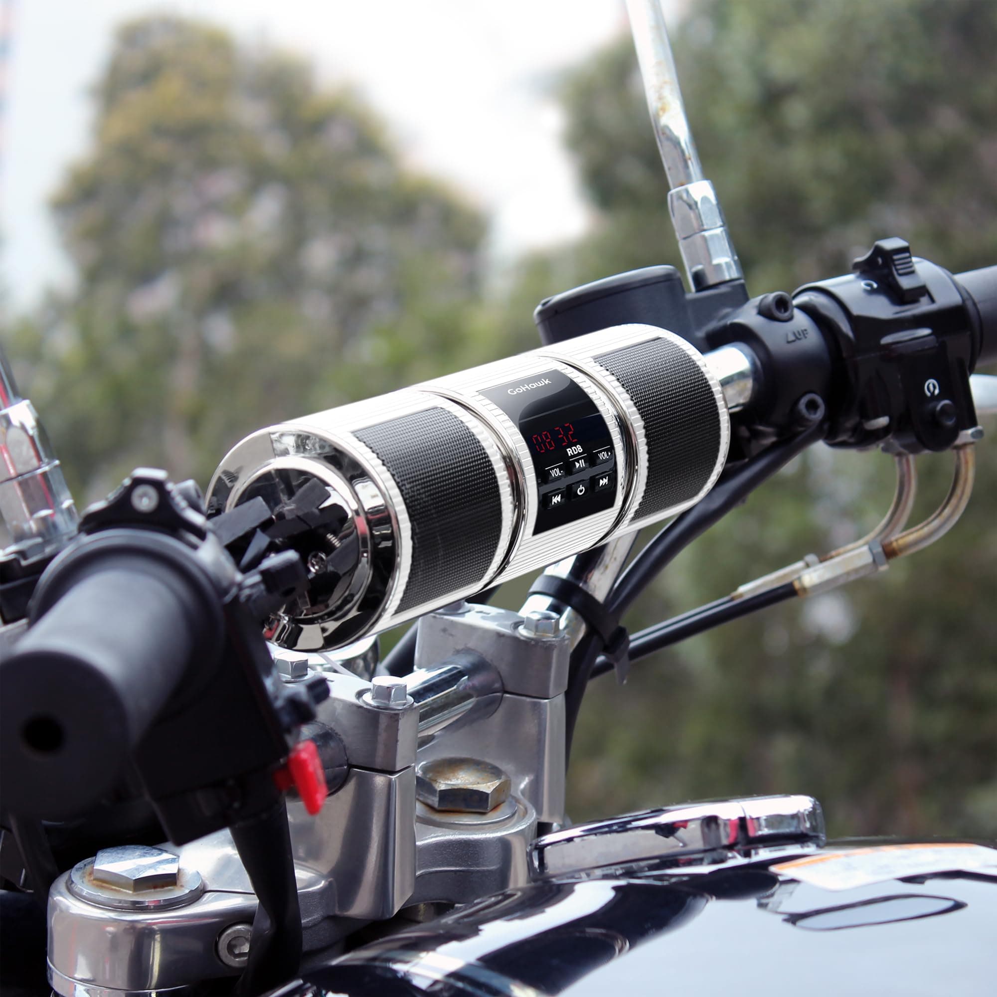 GoHawk Motorcycle Bluetooth Speakers - Waterproof Motorcycle Handlebar Speakers Sound System with FM Radio, AUX Input, USB Port | Compatible with ATV