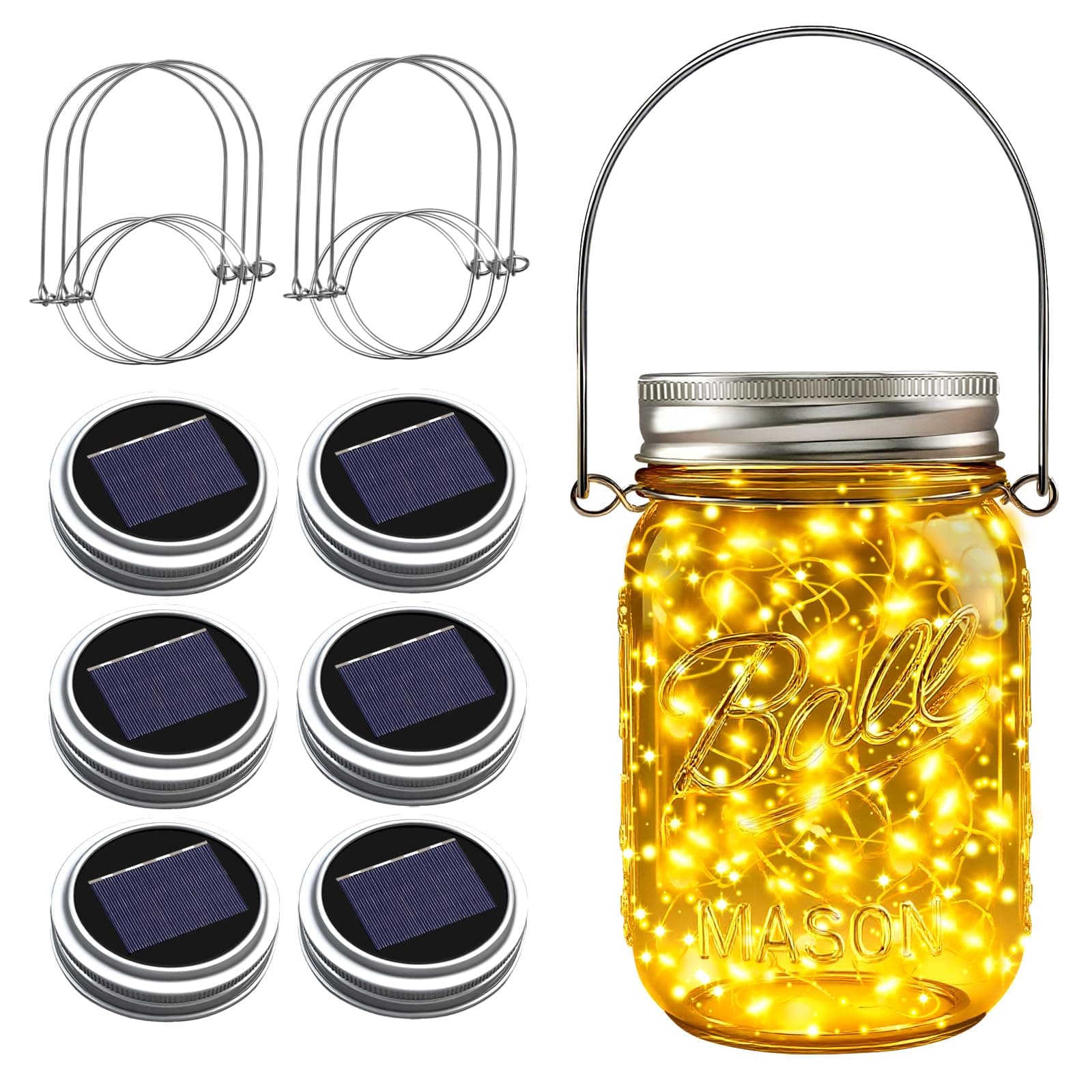 ZNYCYE Mason Jar Solar Lights for Outside, 6 Pack 30 LED Fairy Lights Mason Jar Solar Lids Outdoor Waterproof String Lights with Hangers (No Jars) for Patio Garden Yard Lawn Decor - Warm White