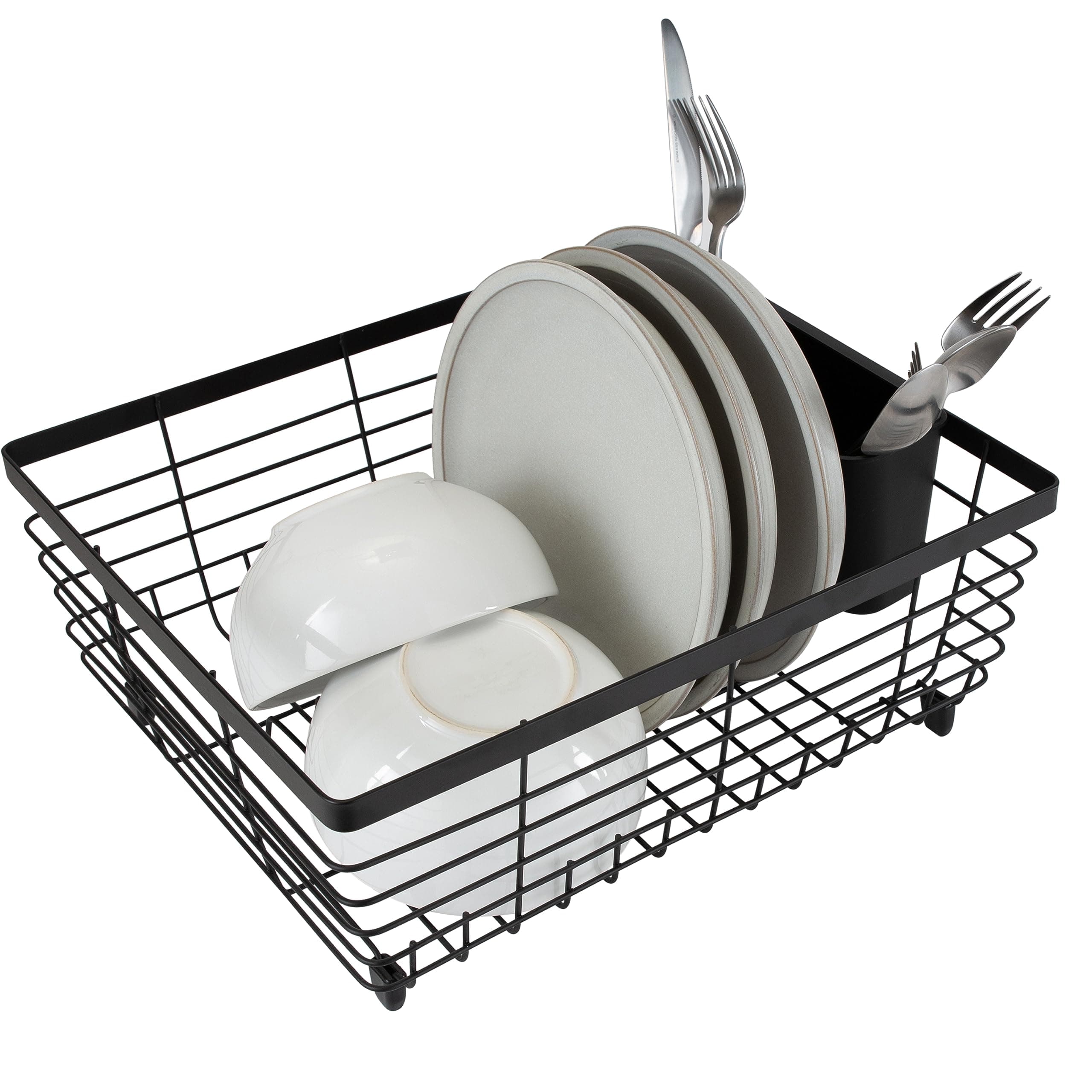 Kitchen Details Flat Wire Countertop or Over The Sink Dish Drying Rack with Cutlery Basket | Holds up 10 Dishes | Mugs | Kitchen Accessories | Black