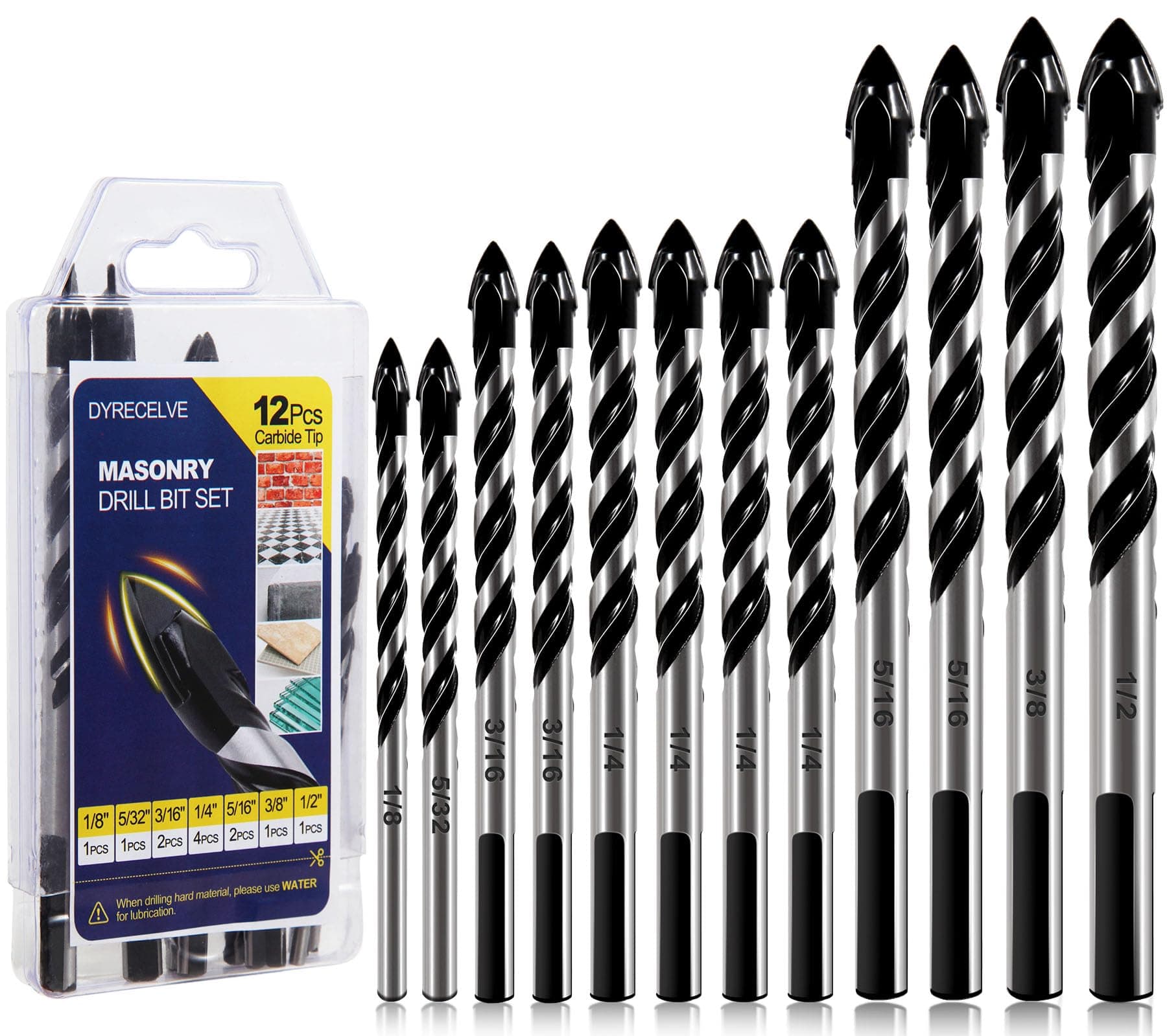 12-PCS Masonry Drill Bit Set & Concrete Drill Bit Set, 1/8 to 1/2 inch Professional Carbide Drill Bits Tip for Glass, Tile, Brick, Cement Concrete Plastic Wood etc. Masonry Drill Bits Set