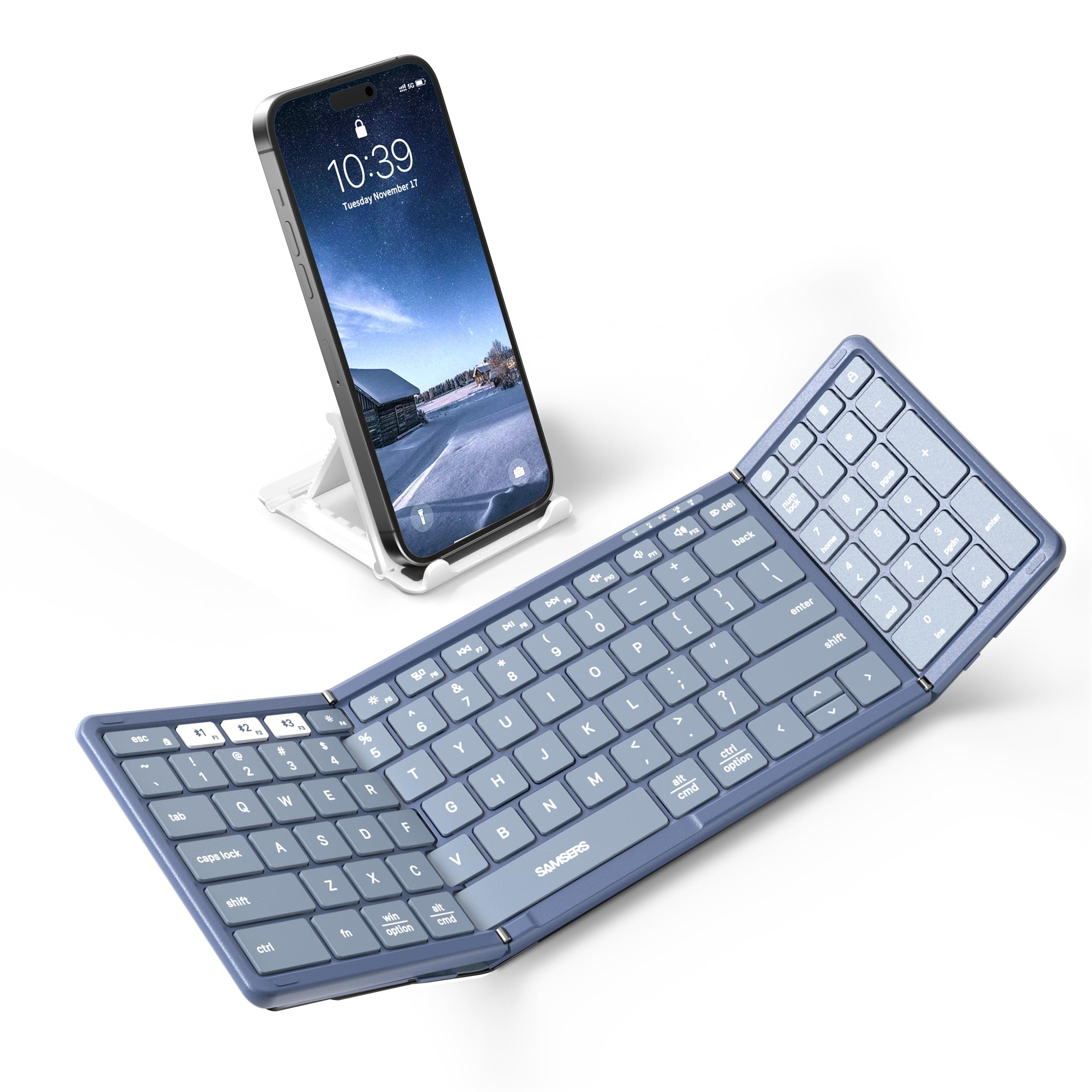 Foldable Bluetooth Keyboard with Numeric Keypad, Full-Size Wireless Folding PU Leather, Portable Travel for iOS Android Windows Mac OS, Support 3 Device(BT5.1 x 3) Blue
