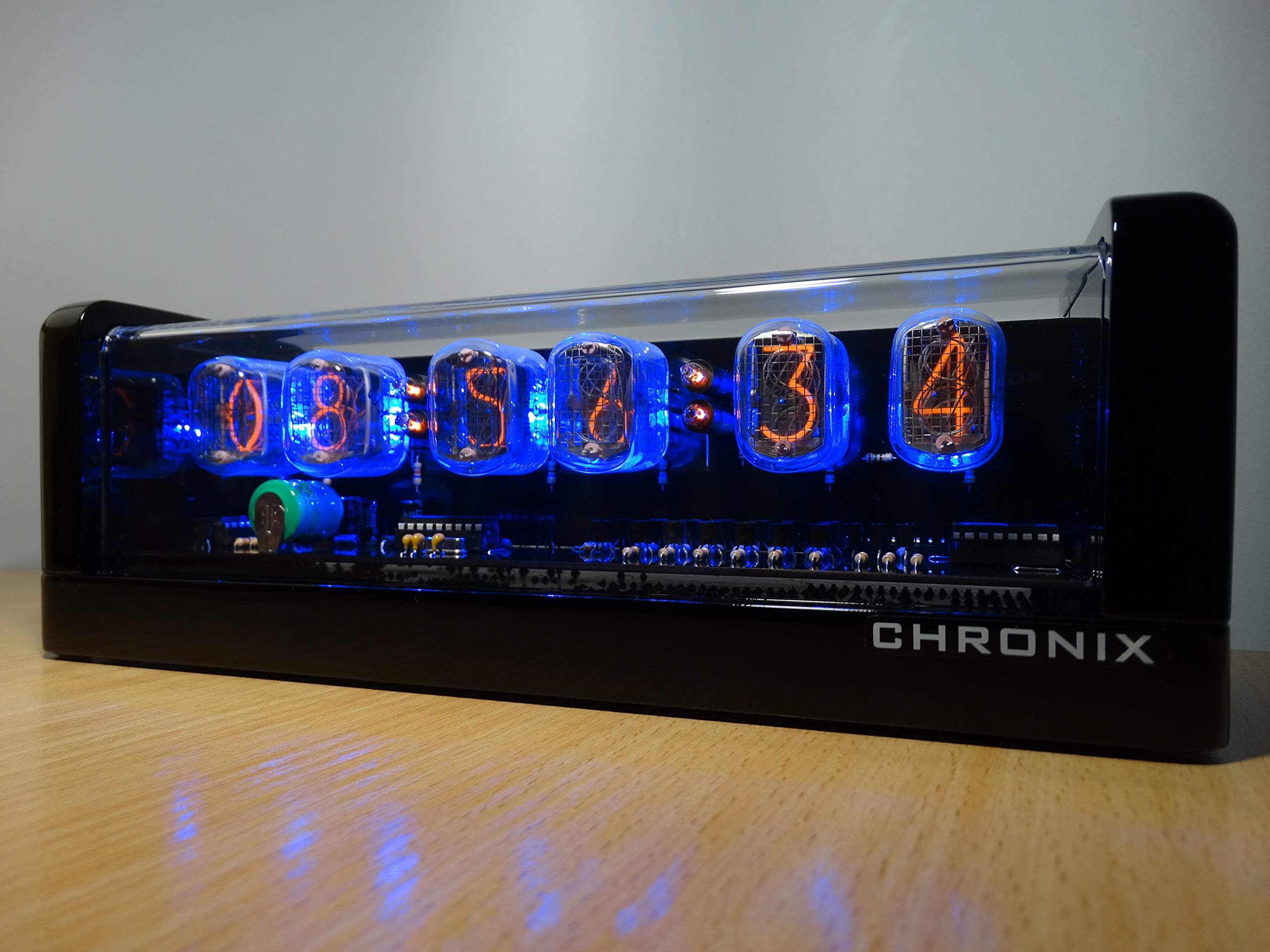 CHRONIX Vintage Nixie Tube Clock with 6xIN-12 displays & alarm & blue backlight & black glossy wooden case
