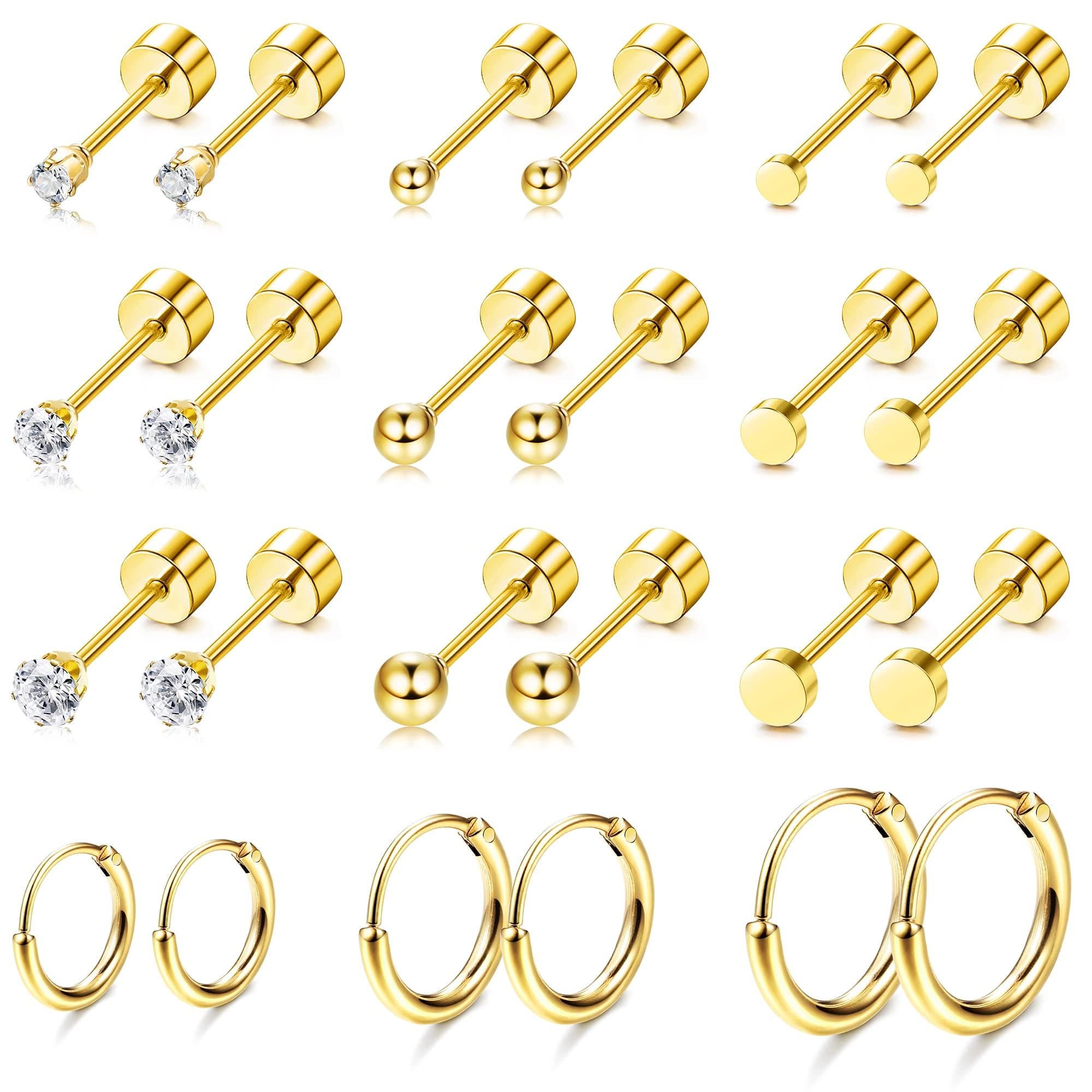 Small Tiny Stud Flat Back Earring Hypoallergenic Gold Studs 14K Surgical Steel Earring Sets for Multiple Piercing Cartilage Hoop Earrings