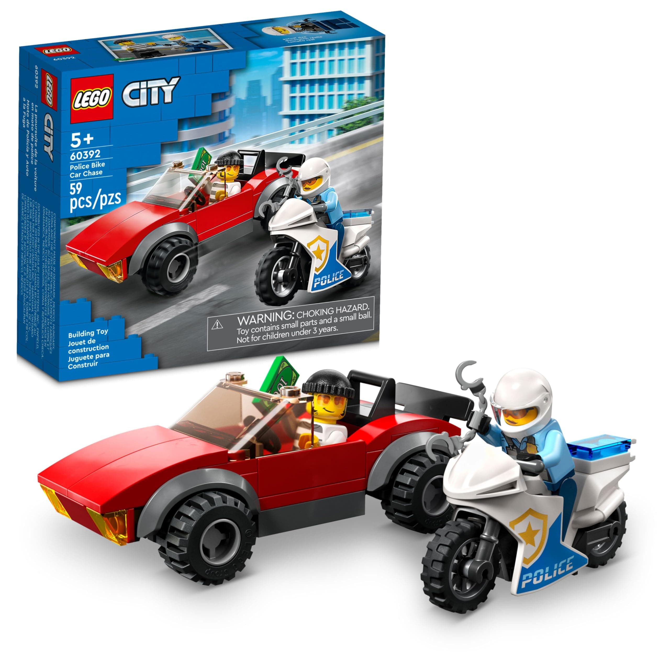 City Police Bike Car Chase 60392, Toy with Racing Vehicle & Motorbike Toys for 5 Plus Year Olds, Kids Gift Idea, Set Featuring 2 Officer Minifigures