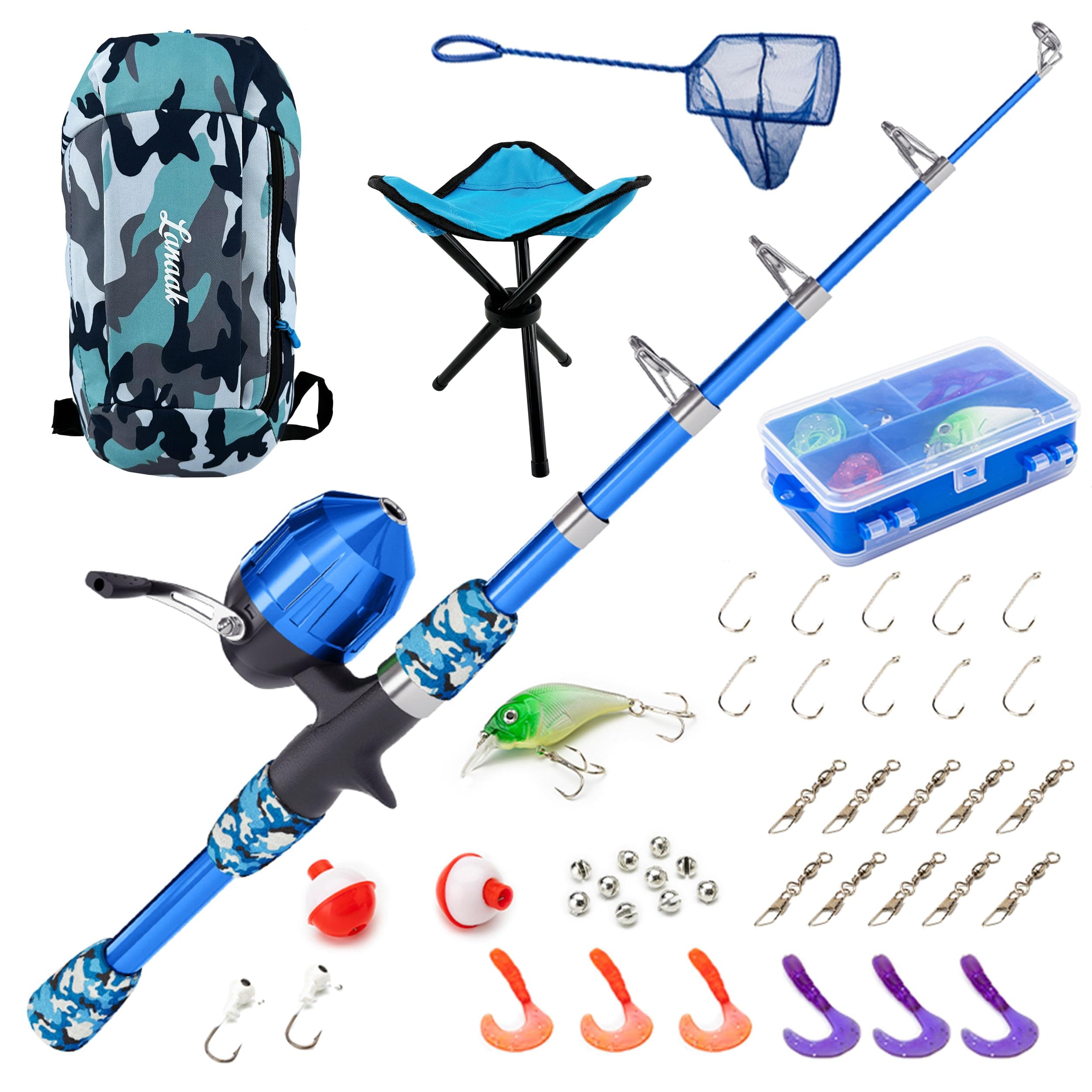Lanaak Kids Fishing Pole and Tackle Box - with Net, Travel Bag, Reel and Beginner’s Guide - Rod and Reel Kit for Boys, Girls, or Youth