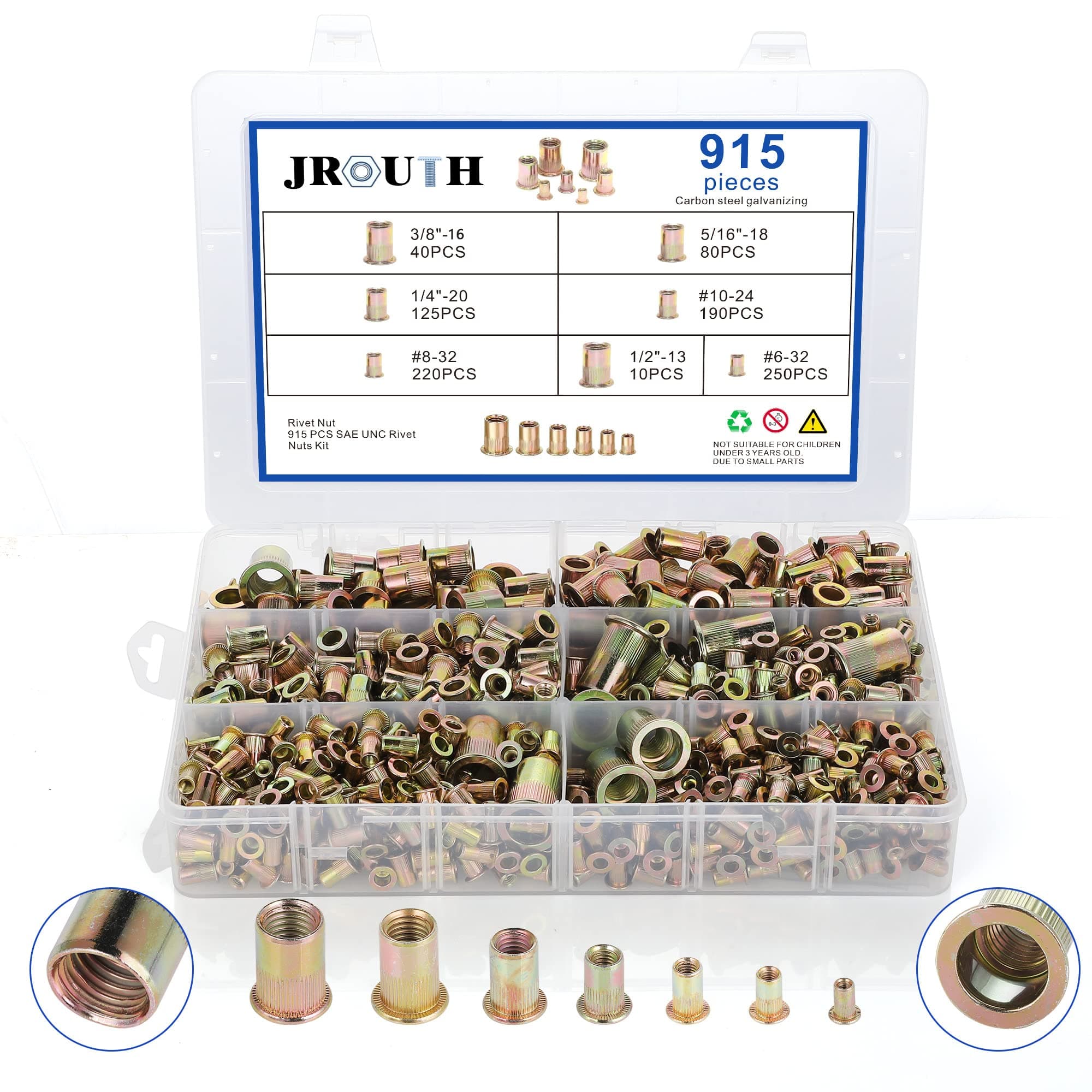915pcs Rivet Nut Kit SAE UNC Rivet Nuts Assortment 6#-32, 8#-32, 10#-24, 1/4"-20, 5/16"-18, 3/8"-16, 1/2"-13, Zinc Plated Carbon Steel Nut Inserts Rivnuts Nutserts Kit - JROUTH