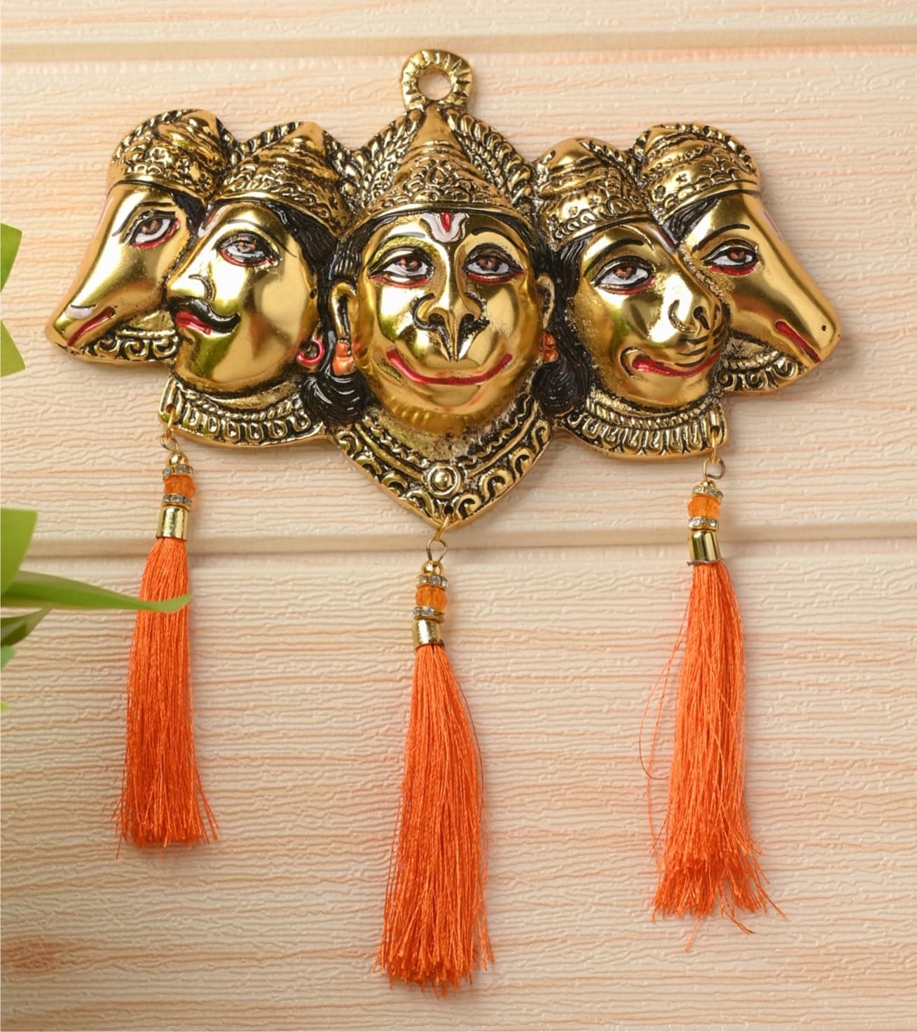Gellon Panchmukhi Hanuman Ji Murti for Door Entrance Statue Wall Hanging Showpiece with Silk Latakan in Gold Finish (Gold), 20 cm , 20 cm