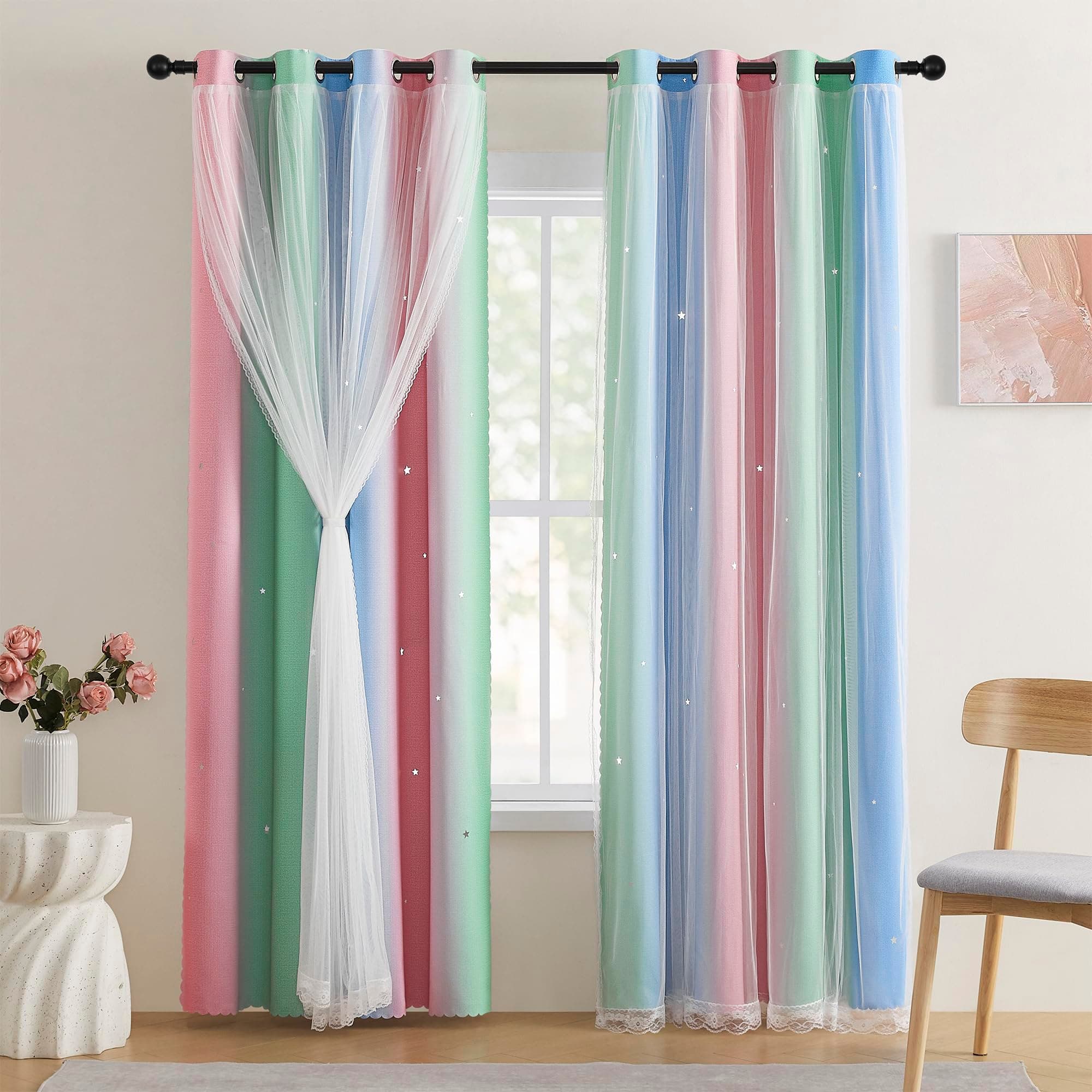XiDi Pink & Rainbow Curtains for Kids & Girl Bedrooms - Blackout, Blue & Green 34x63 Inch Long with Unicorn Wall Decals