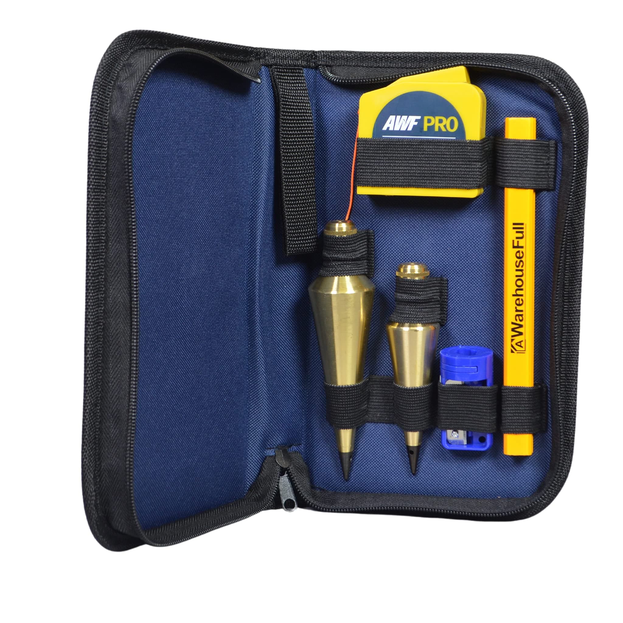 Plumb Bob Kit - 16 oz and 8 oz Solid Brass Plumb Bobs, 14 ft Retractable Line Reel with Magnetic Base, 2 Pencils, Pencil Sharpener, Carrying Case