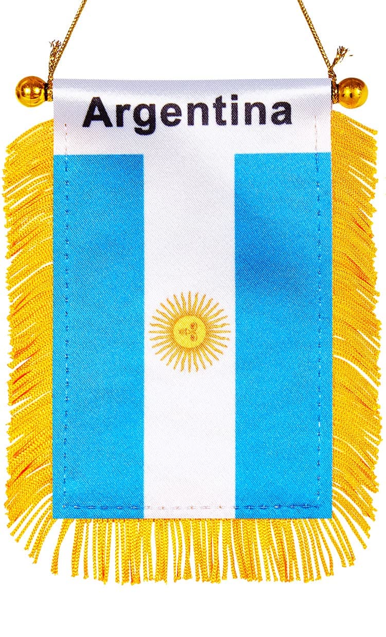 WXTWK 3 X 5 Inch Argentina Flag Argentine Window Hanging Flag Small Mini Car Flags Banners Rearview Mirror Decoration With Suction Cup Golden Fringy Banner