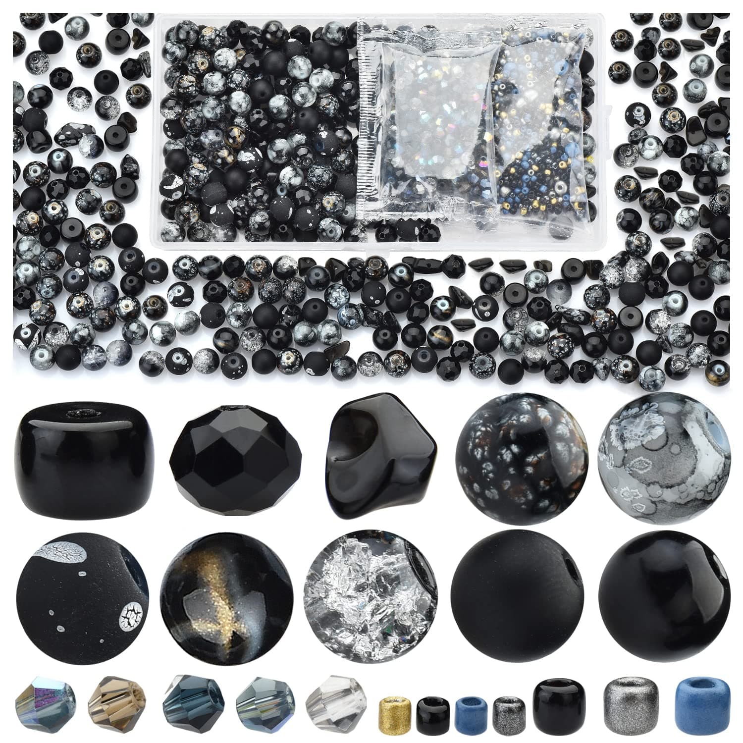 Glass Beads for Jewelry Making Adults, Black Bracelet Beads Set, 900pcs Including 8mm Assorted Round Beads, 4mm Bicone Crystal Beads, 2-4mm Spacer Seed Beads for Phone Charm, Earring, Necklace