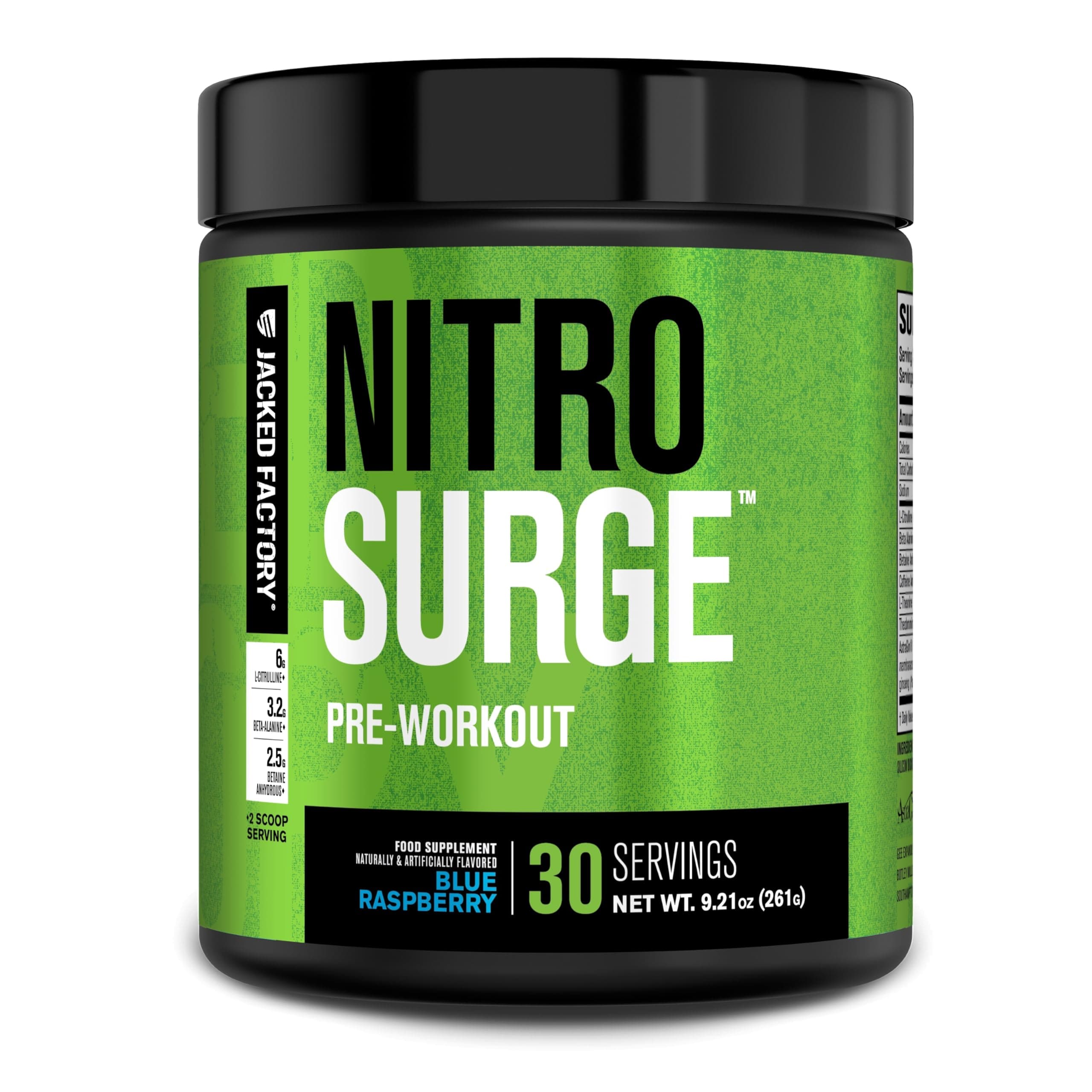 Nitrosurge Pre Workout Powder - 6g L-Citrulline, 3.2g Beta Alanine, 2.5g Betaine Anhydrous, 360mg Caffeine Anhydrous - 30 Servings, Blue Raspberry