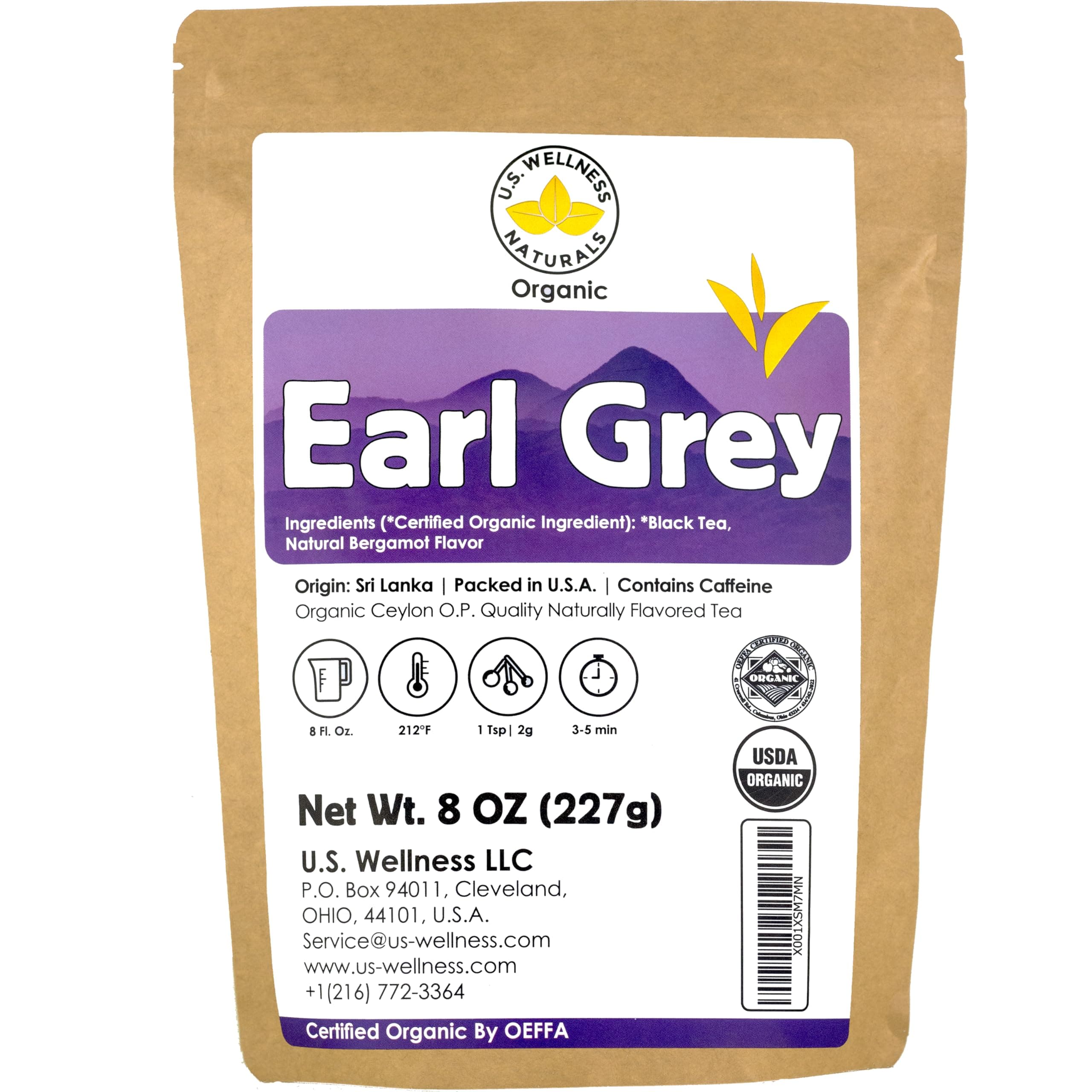 Earl Grey Tea, FLORAL & CITRUSY, Natural Bergamot Flavor Blended with ORGANIC Loose Leaf Tea, 110+ Cups, 8oz, ORGANIC CEYLON, OP Grade Tea, U.S.A Processed & Quality Control