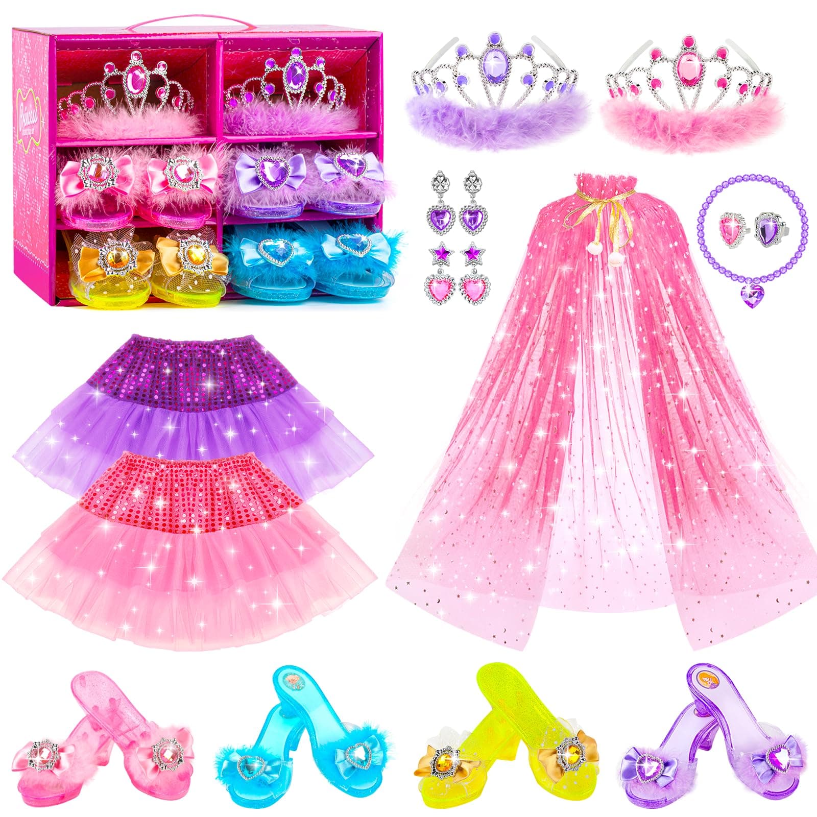Jeowoqao Princess Dress up Shoes,Girls Dress up Shoes Princess Dress Up Pretend Play Set 4 Pair of Princess Shoes, Princess Dresses Princess Cape Jewelry Toys for Toddler Girls Age 3 4 5 6 Years Gift