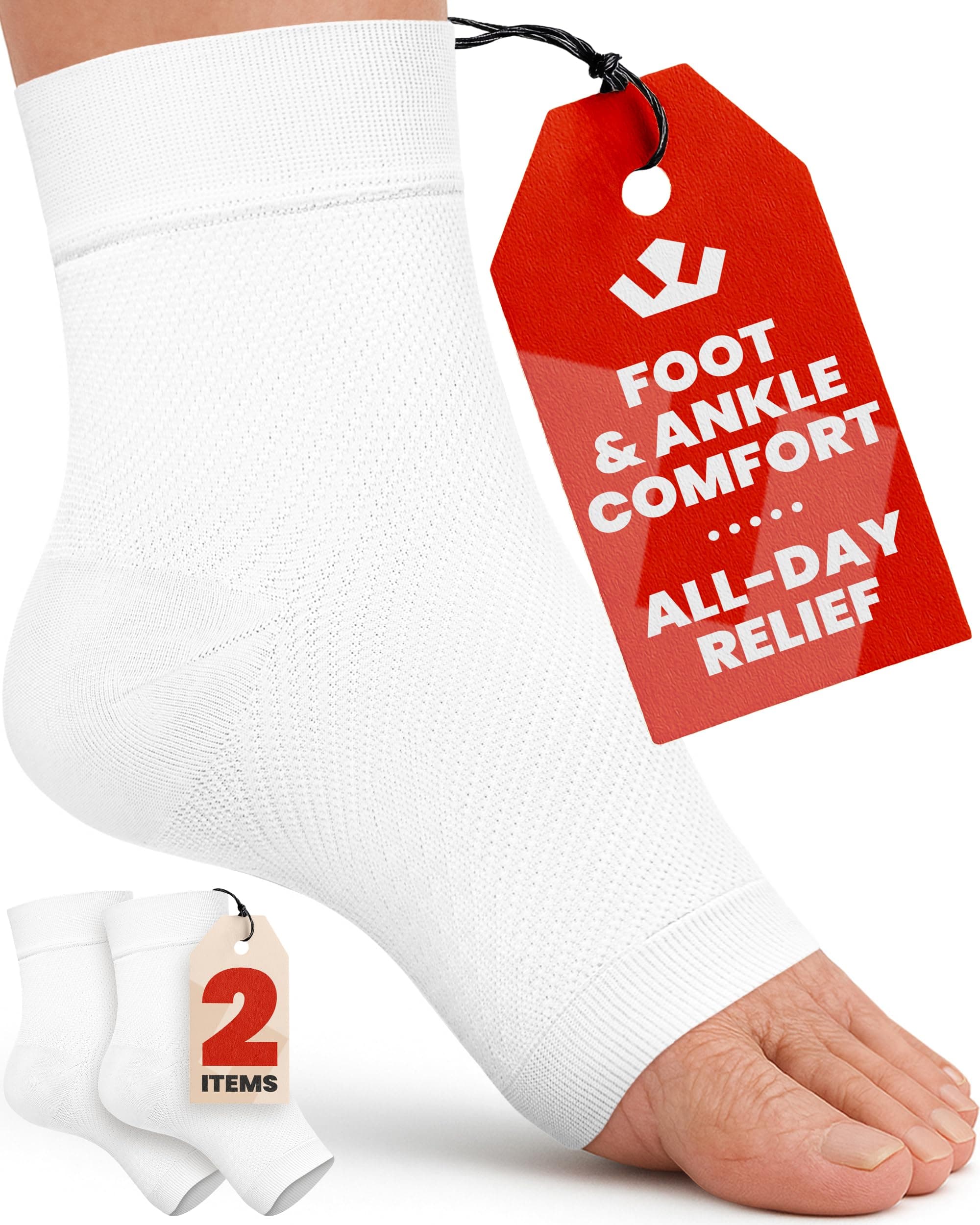 KEMFORD Ankle Compression Sleeve - 1-Pair, Plantar Fasciitis Braces - Open Toe Compression Socks for Swelling, Sprain, Neuropathy, Foot Arch Support for Men and Women - 20-30mmhg, M, White