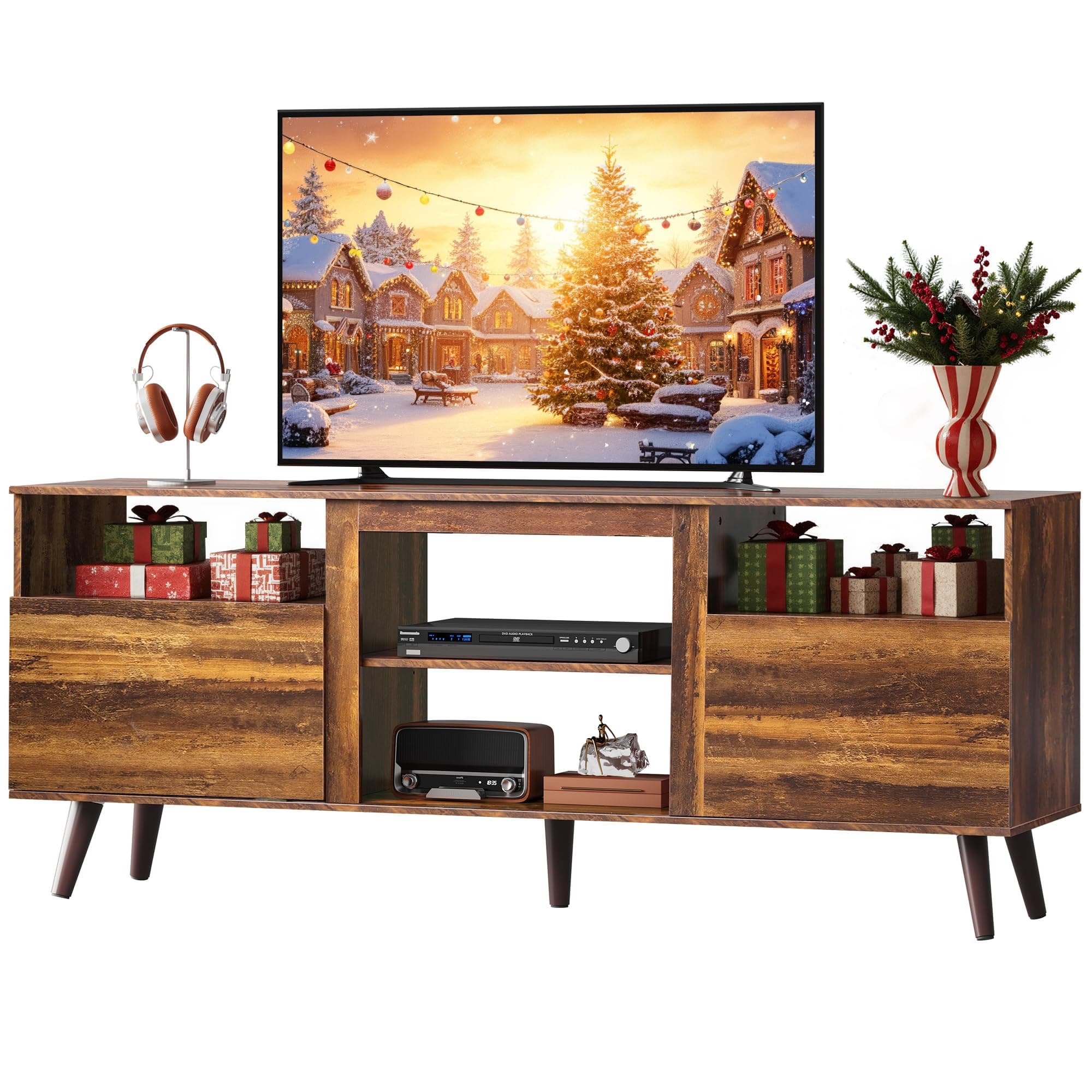 WLIVE Mid-Century Modern TV Stand for 55 60 65 Inch TV, Entertainment Center with Extra Open Shelf & Storage Cabinets, Media TV Console for Living Room Bedroom Office, Retro Brown