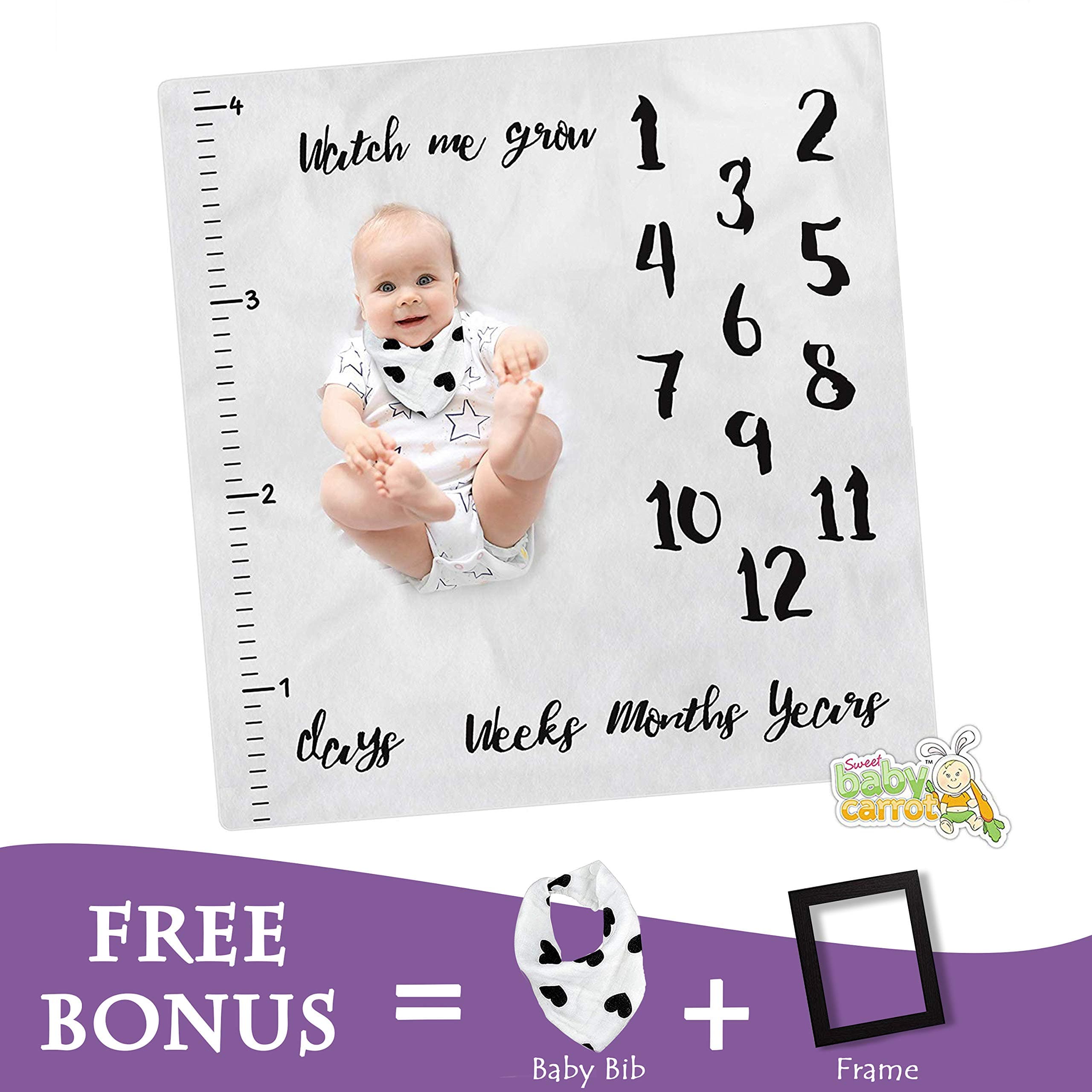 Sweet Baby Carrot Monthly Milestone Blanket Including Drool Bib, 1 to 12 Months, 100% Organic Fleece Extra Soft Best, Backdrop Photo for Boy Girl, 47 x 47