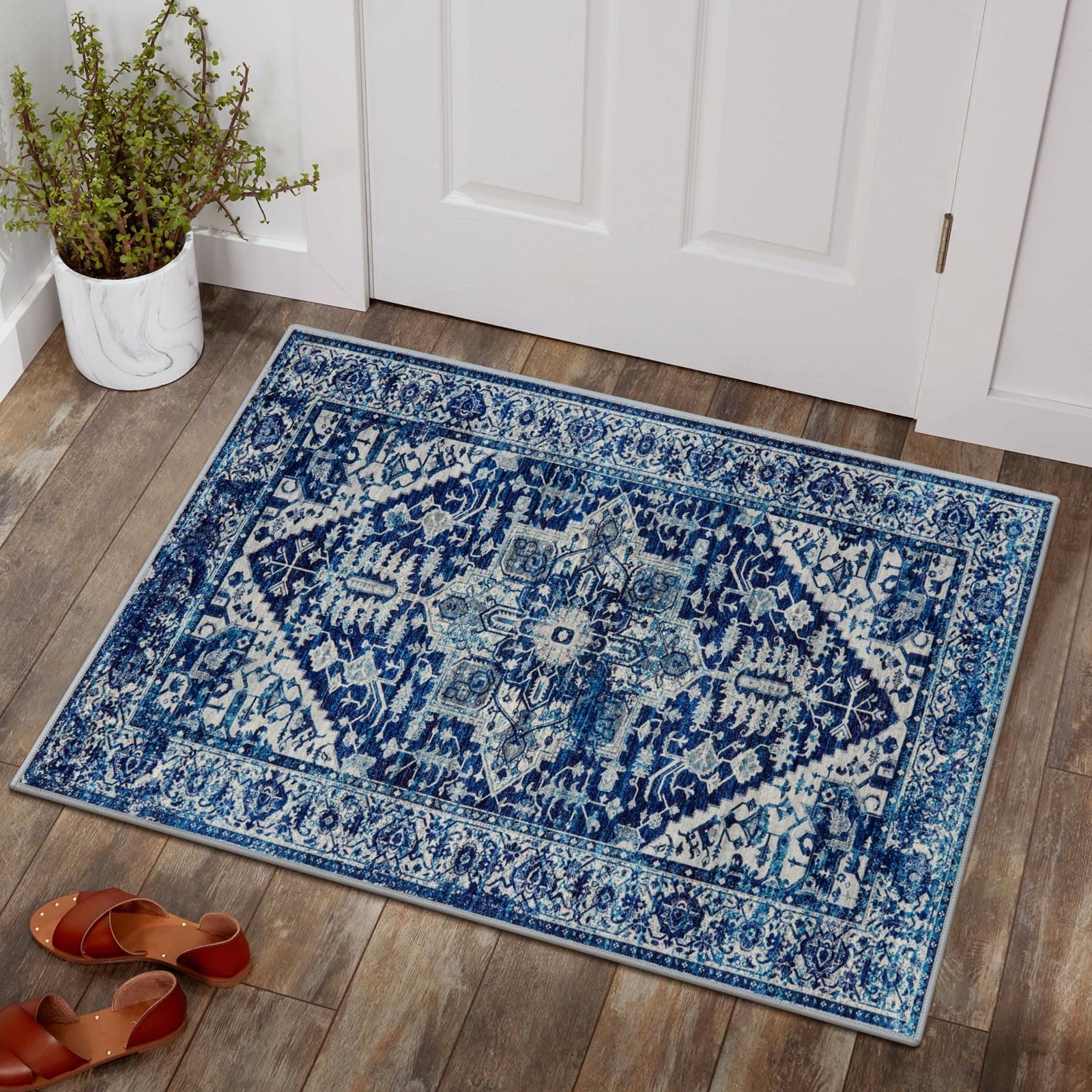 Lahome Boho Entryway Rugs Indoor - 2x3 Washable Non-Slip Area Rug Stain Resistant Thin Kitchen Rugs Throw Small Rug for Bedroom, Blue Oriental Distressed Floor Doormat Carpet for Bathroom Laundry Room