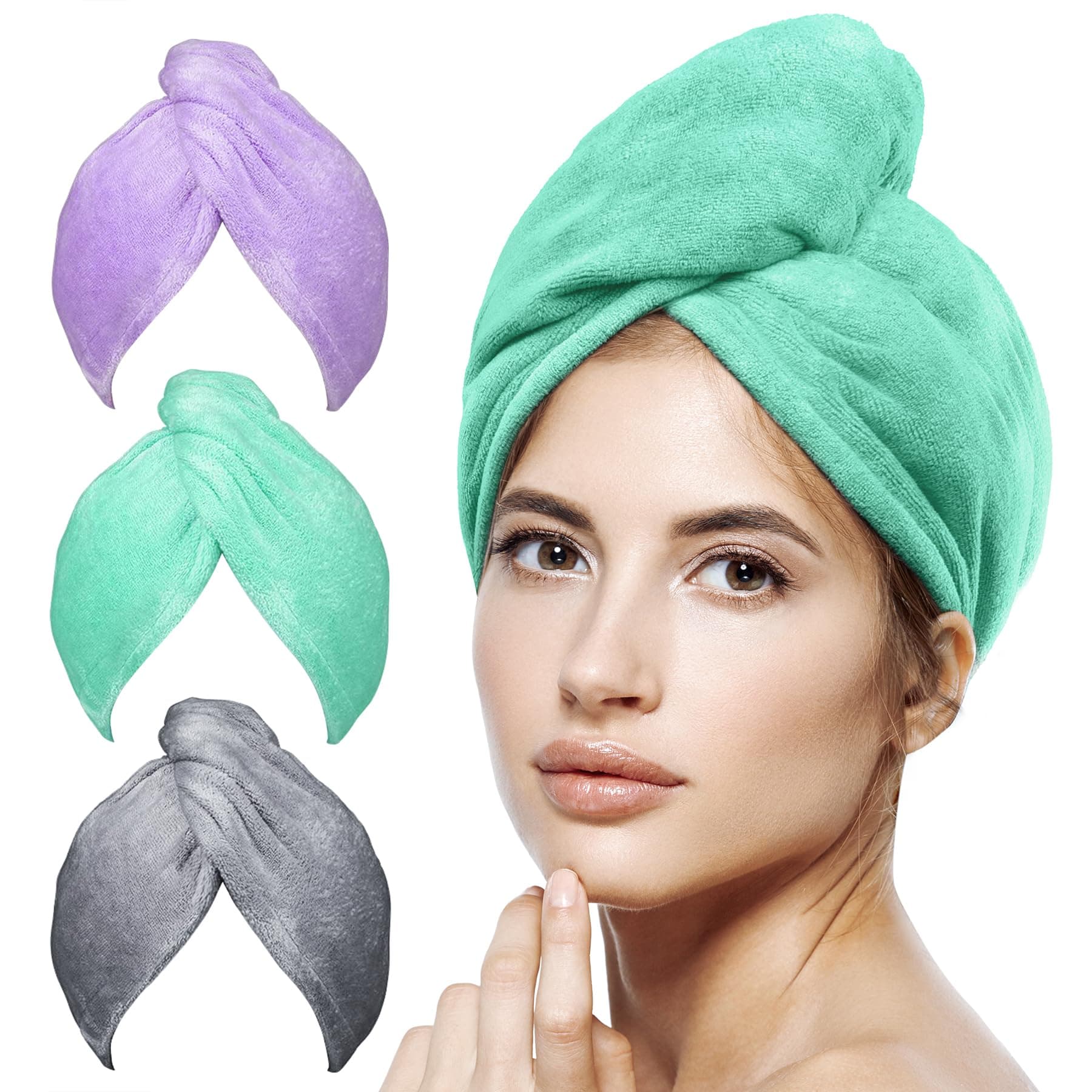 POPCHOSE Microfiber Hair Towel Wrap, Stocking Stuffers for Women, 3 Packs Fast Drying Hair Turbans, Super Absorbent Hair Towel for Women, Anti Frizz Hair Wrap Towels Wet, Curly, Longer, Thicker Hair