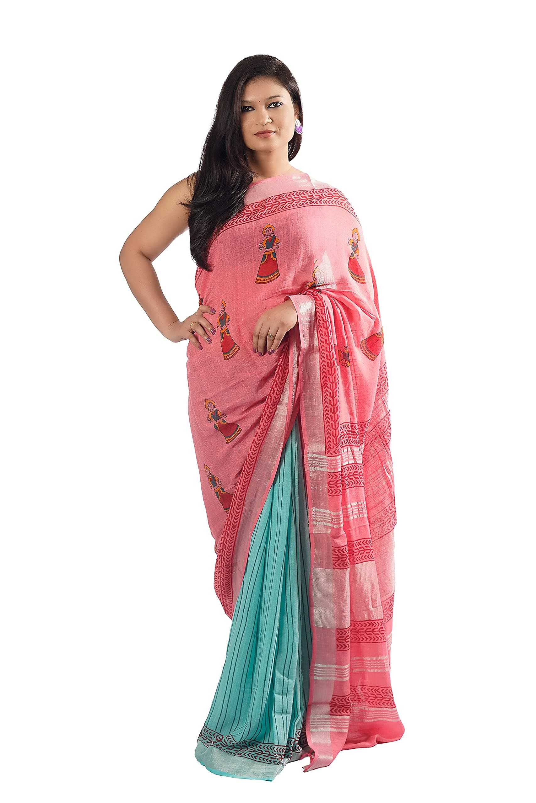 Neehaaram Women's Linen Designer Saree With Blouse Piece (Butta Bomma(Pink, Sea Green): Ethnic Designer Collection)