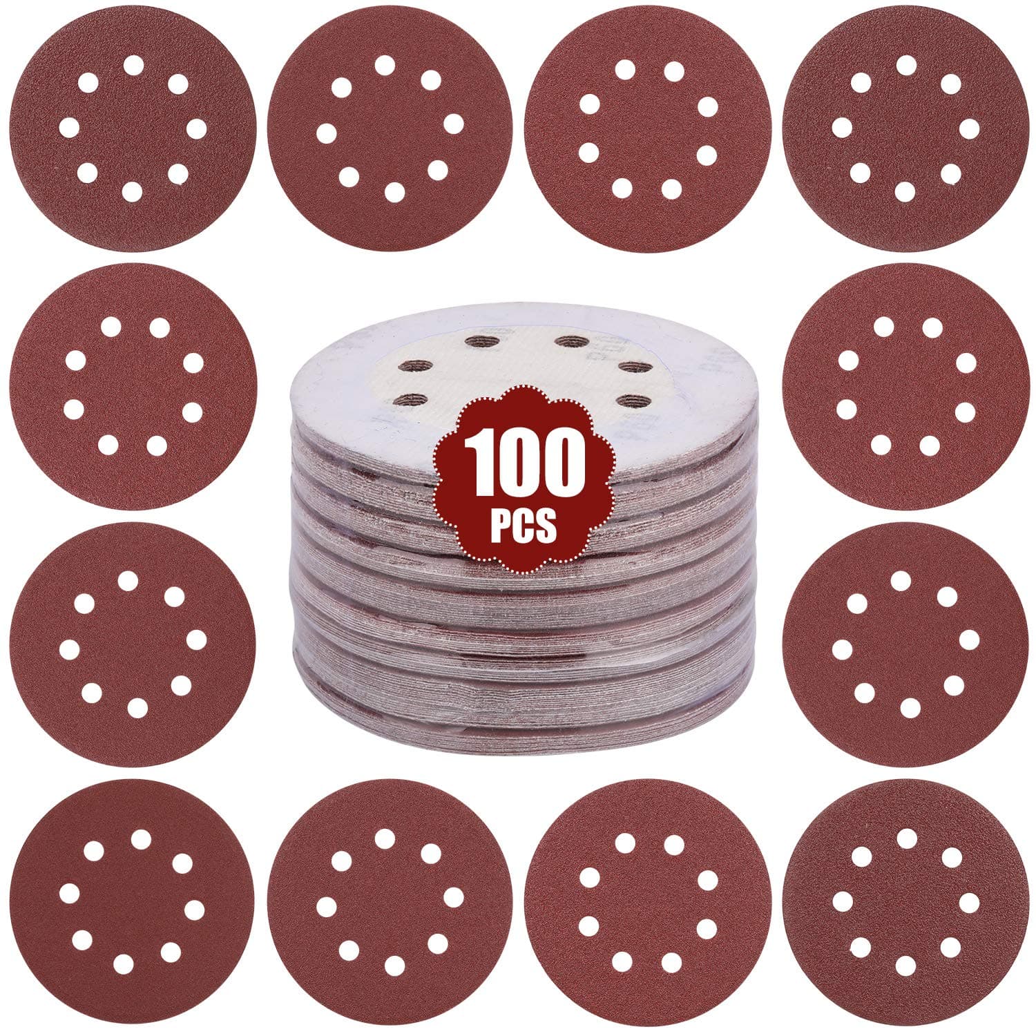 GALAX PRO Sanding Discs, 100PCS Hook and Loop Sandpaper with 125mm, 10 Sheets per Grit, P60/P80/P100/P120/P150/P180/P240/P320/P400/P600, Holes Sandpaper Assorted for Random Orbital Sander