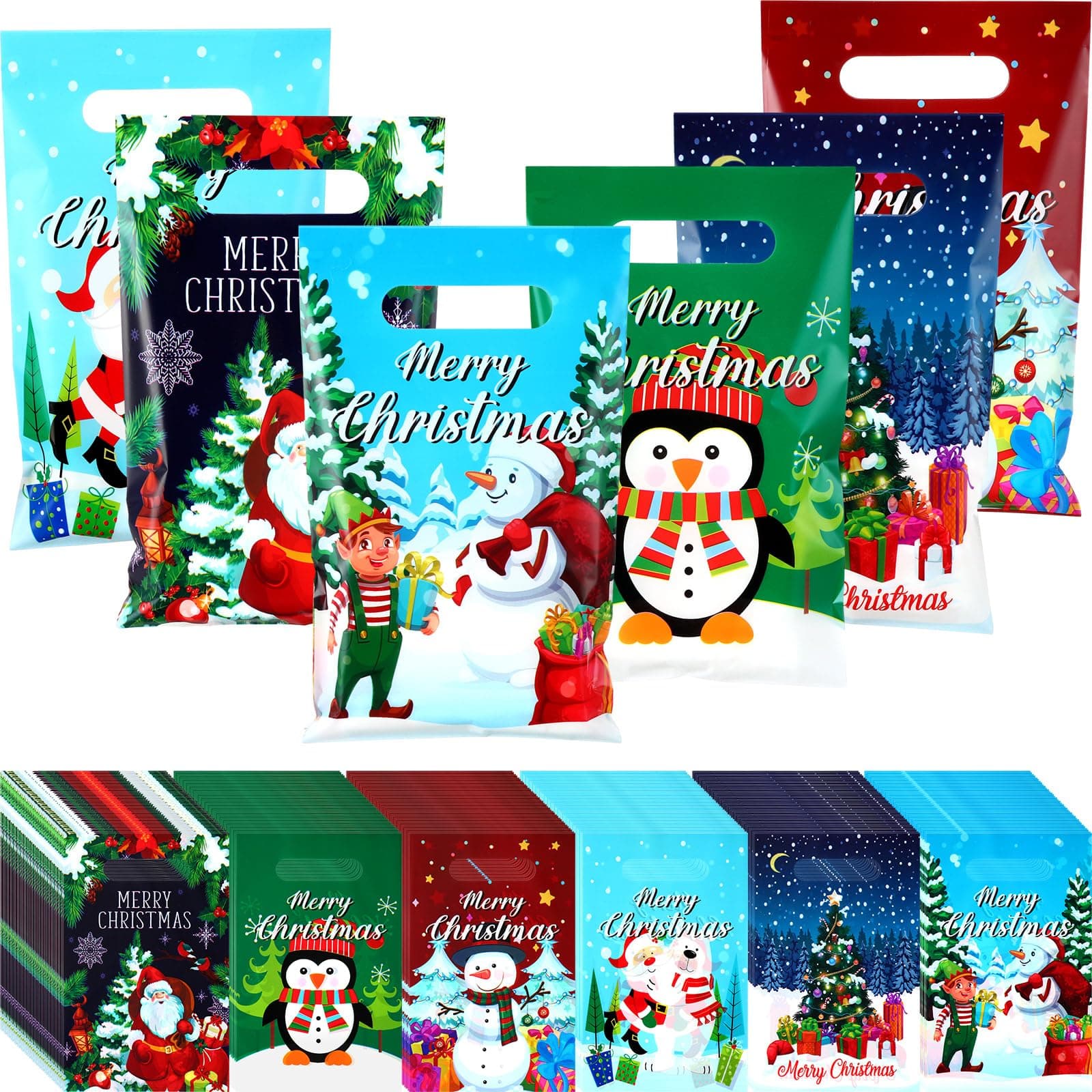 Silkfly 600 Pcs Christmas in July Gift Bags Bulk Plastic Goodies Bags with Handles Merchandise Candy Treat Bags 6.3'' x 9.8'' Xmas Party Favor Bag for Christmas Party Favor Supplies, 6 Styles