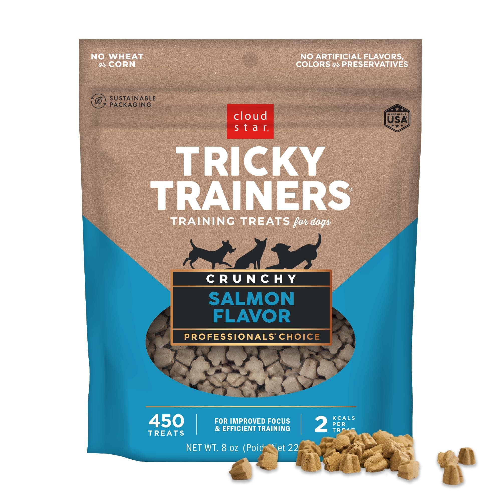 Cloud Star Tricky Trainers Crunchy Dog Training Treats 8 oz. Bag, Salmon Flavor, Low Calorie Behavior Aid with 450 treats