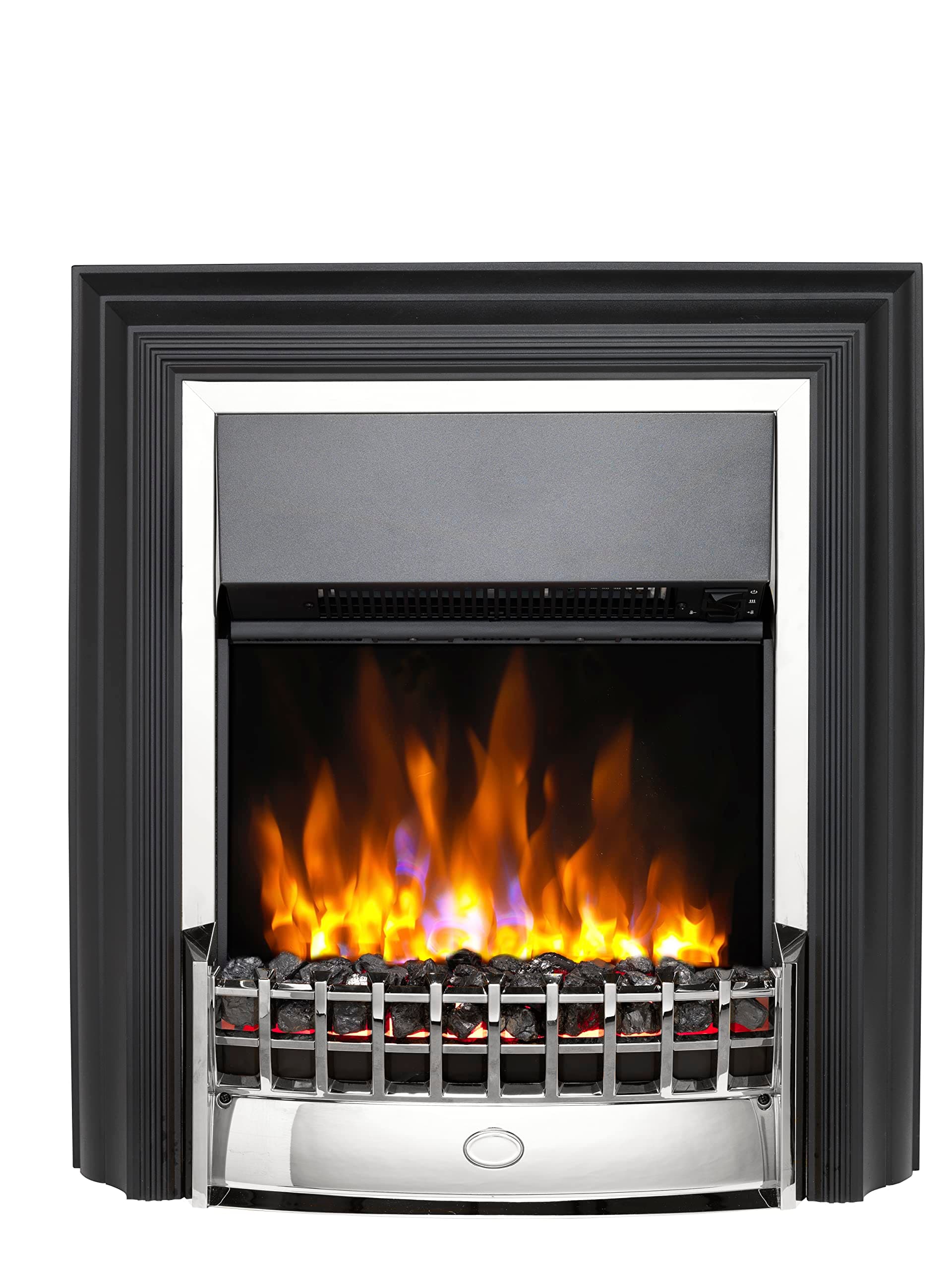 Dimplex Cheriton Deluxe Freestanding Optiflame Electric Fire, Chrome and Black Freestanding LED Flame Effect with Variable Flame Brightness, Coal Fuel Bed, 2kW Fan Heater and 1000/2000 Watt Settings