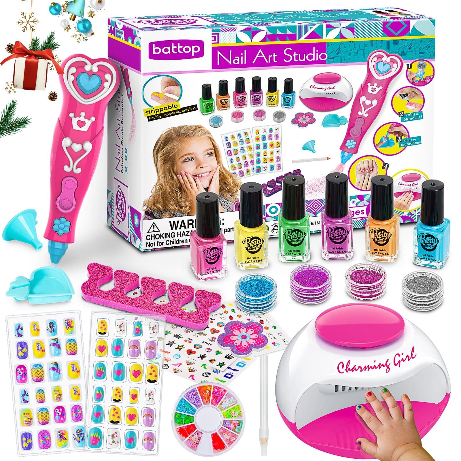Kids Nail Polish Set for Girls, Nail Art Kits with Nail Dryer & Glitter Pen, Quick Dry & Peel Off & Non-Toxic Nail Polish, Christmas Birthday Gifts for Girls Ages 6 7 8 9 10 11 12