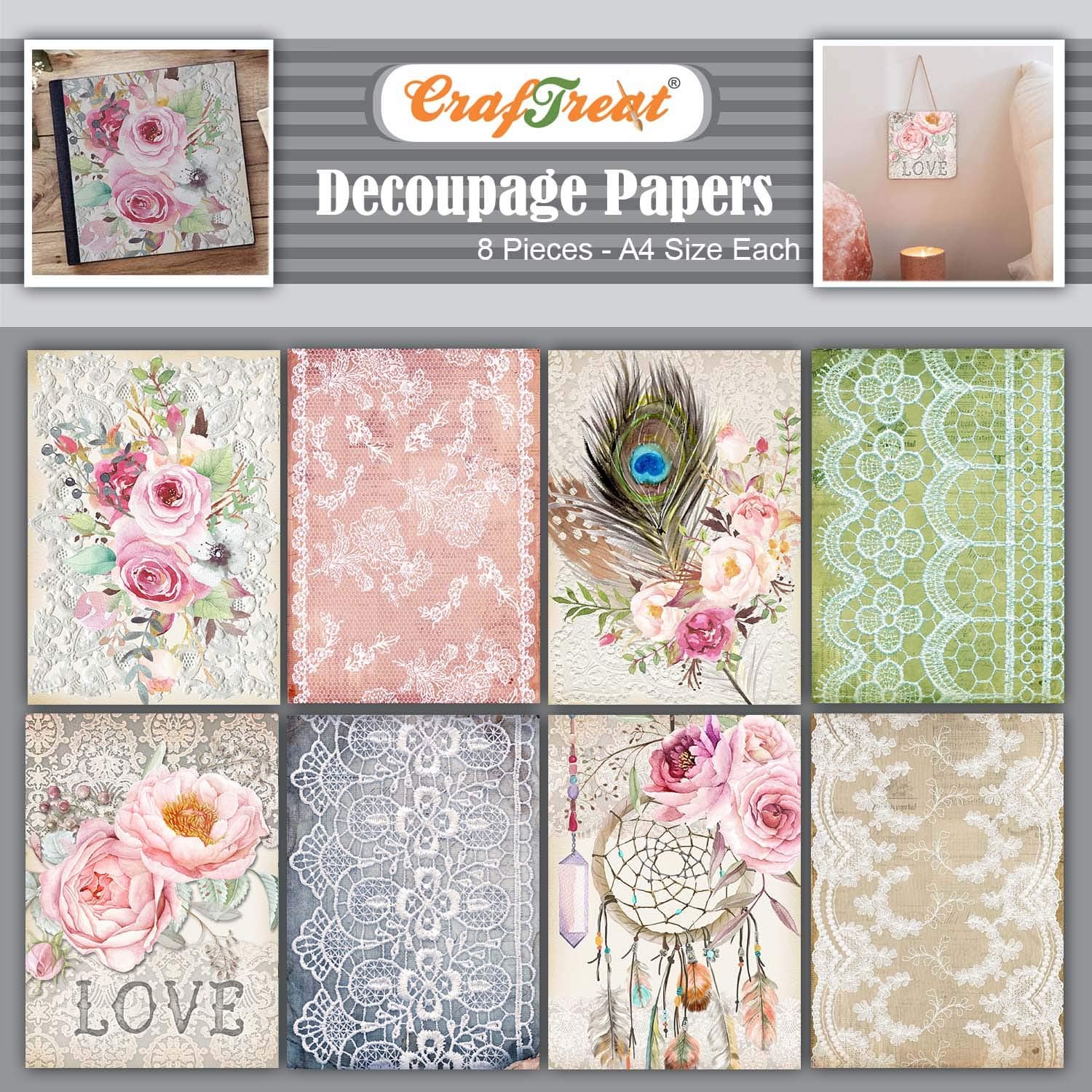 CrafTreat Boho Decoupage A4 Paper for Crafts and Furniture - Boho (8pcs) - Decoupage Papers for Wood, Scrapbooking, Multi Media, Art and Craft Projects - Srapbooking & Craft supplies