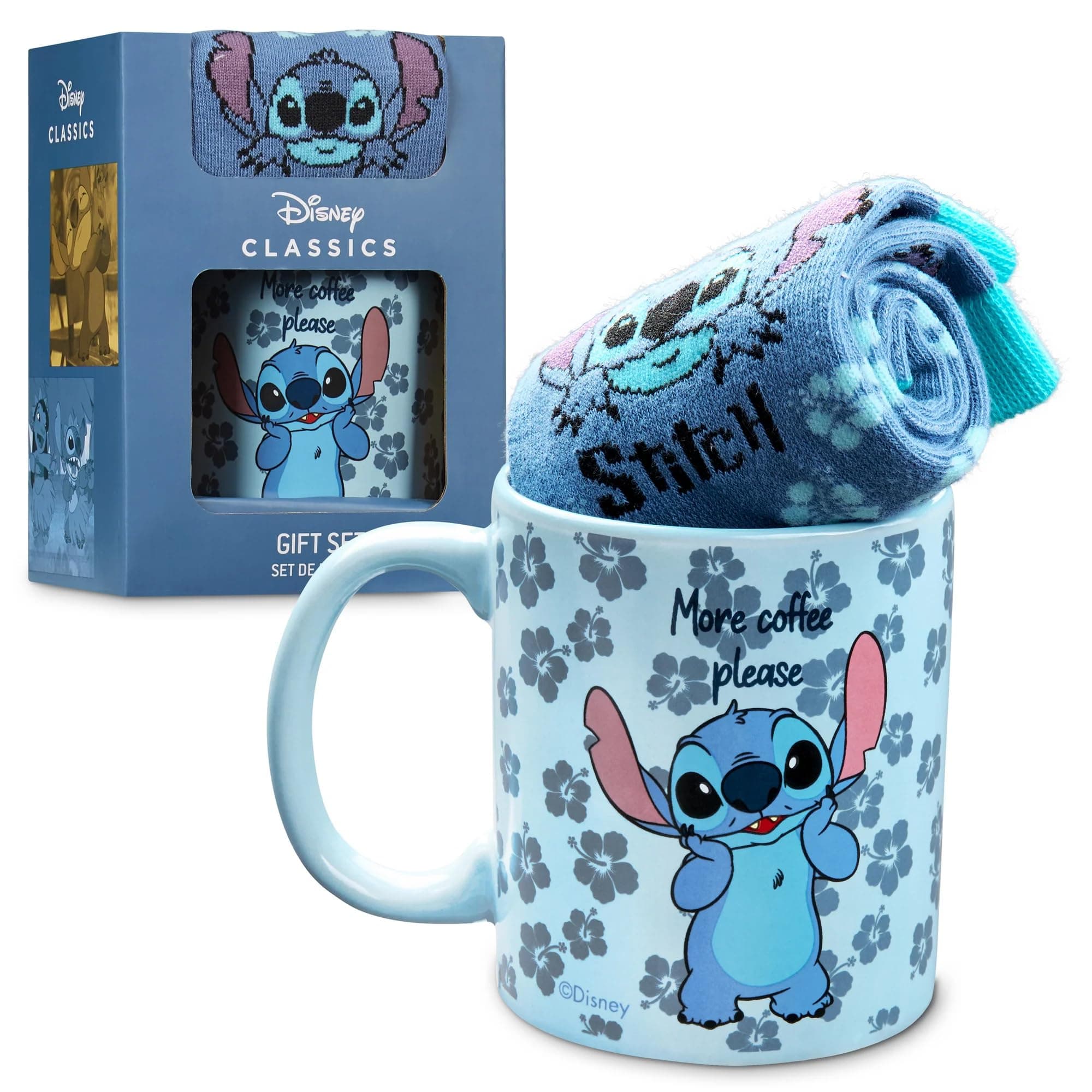 Disney Stitch Mug and Socks Gift Set for Women Teenagers Cute Ceramic Mug Soft Calf Socks, Stocking Filler Gifts for Her (Blue Stitch)