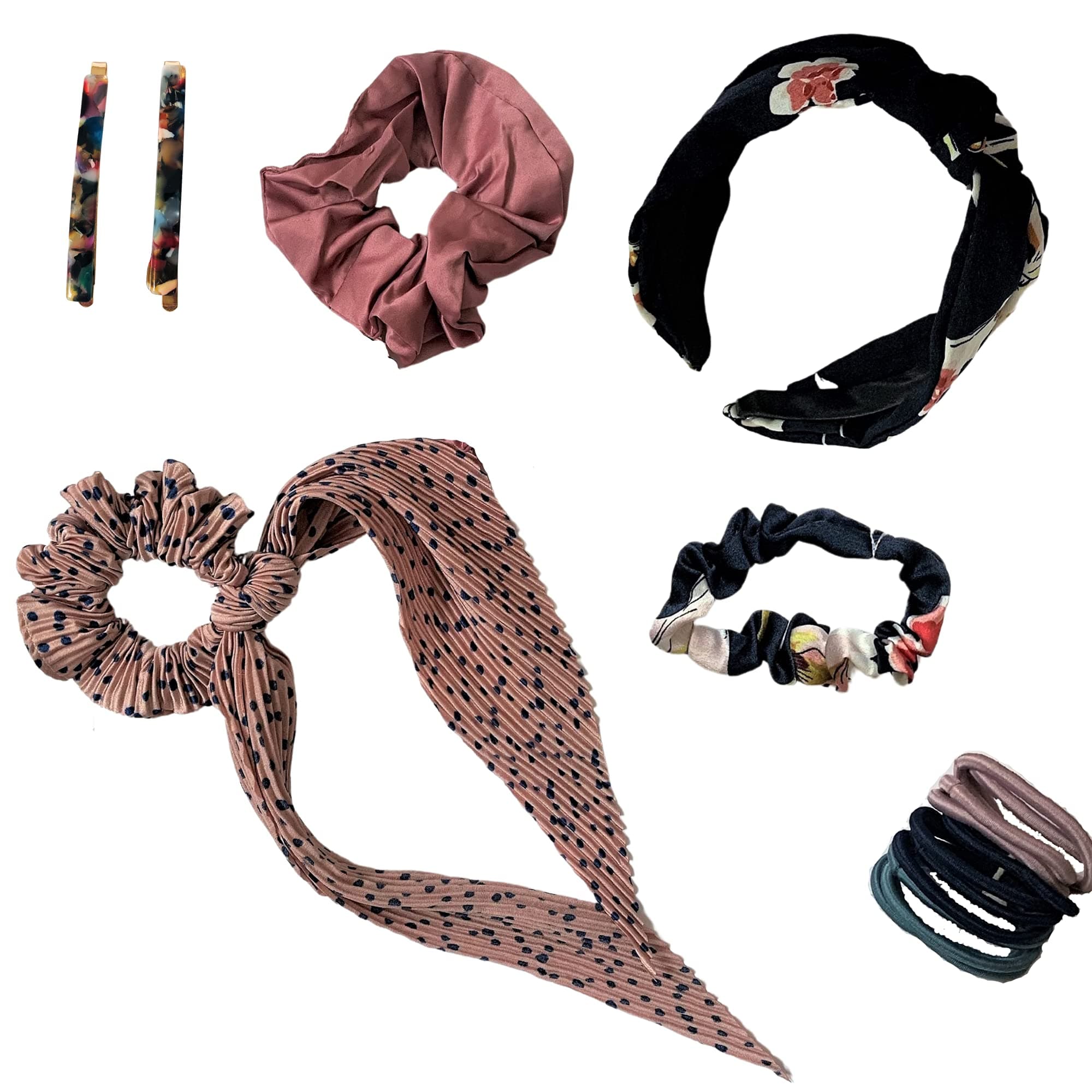 Hair Accessory Variety Pack (Navy) - Alice Band, Small Scrunchie, Large Scrunchie, Scrunchie with Ties, Hair Clips, 3 colour types of hair Bands For Ponytails.