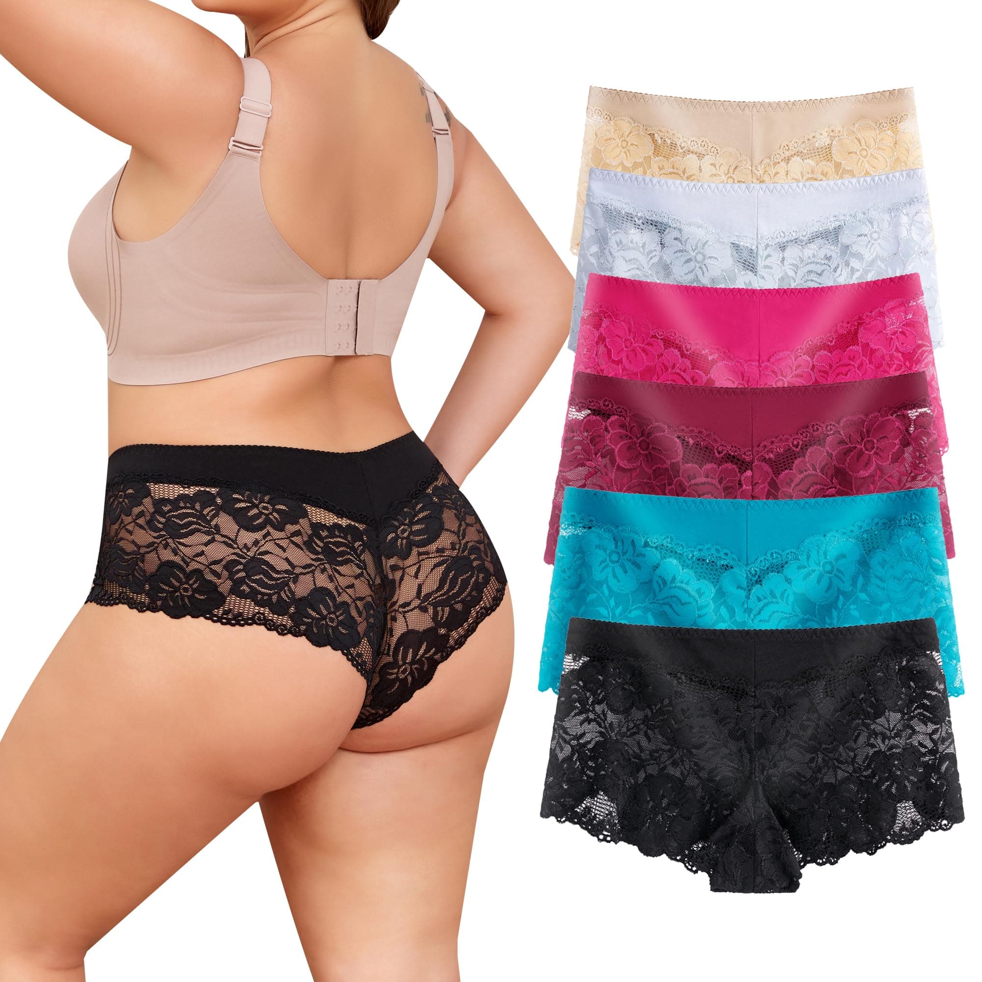 moonlight elvesWomen's Underwear Lace Boyshort Panties Regular & Plus size Cheeky Panty for Ladies, Pack 6, Size S-5XL
