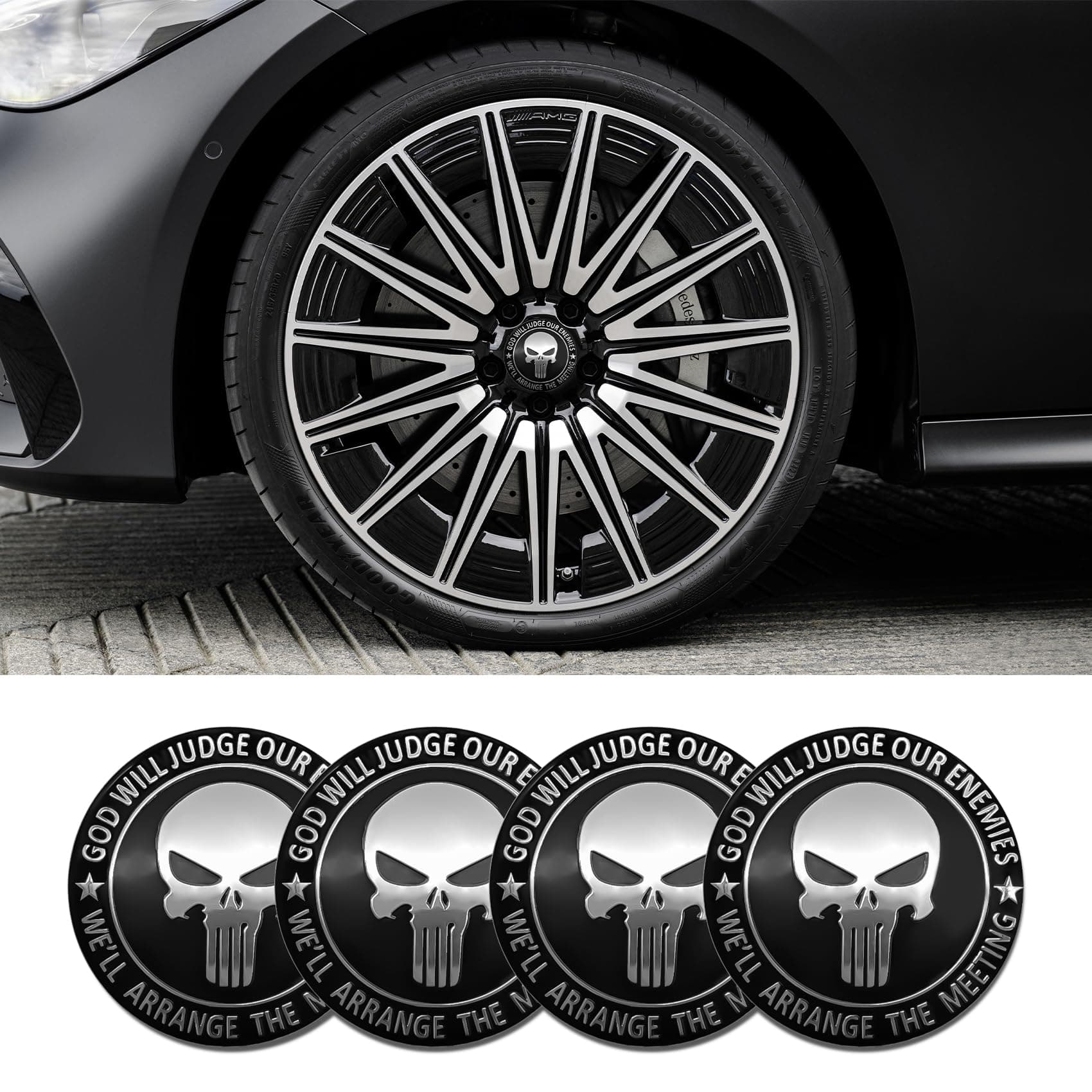 4PCS Car Wheel Center Hub Cover, Center Caps for Rims, Waterproof & Rustproof Automotive Accessories Decals, Universal Car Accessories Hub Caps Compatible with Cars (Black/Silver Skull-1)