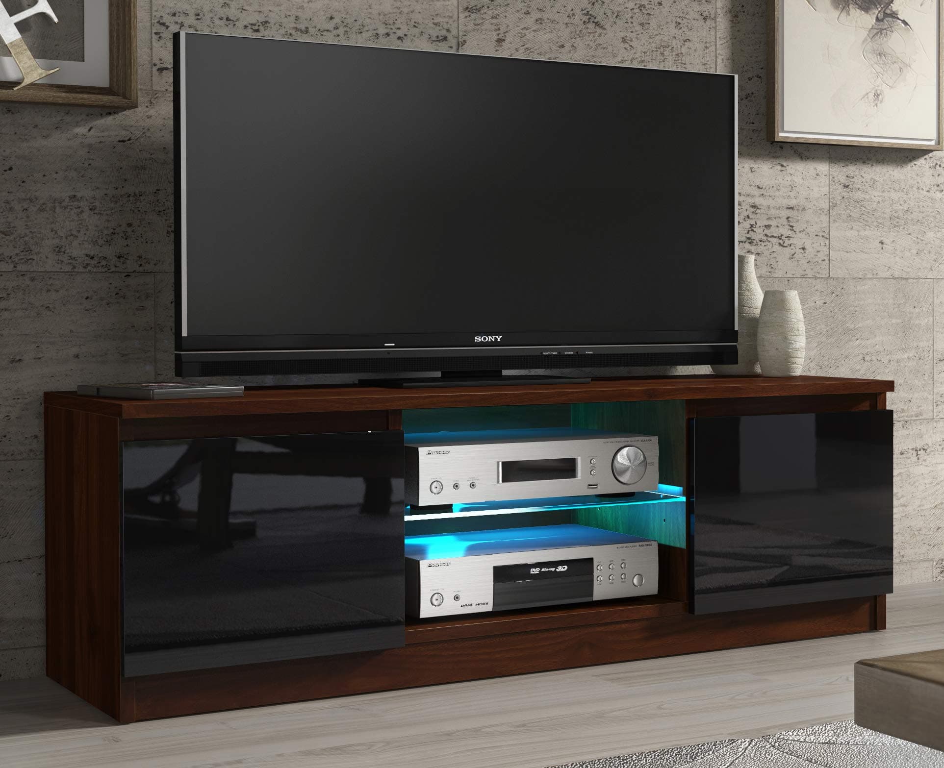 Mex Furniture LTD :Modern TV Unit Cabinet Stand Sideboard Matt body and High Gloss Doors LED Light (Walnut and black) E031