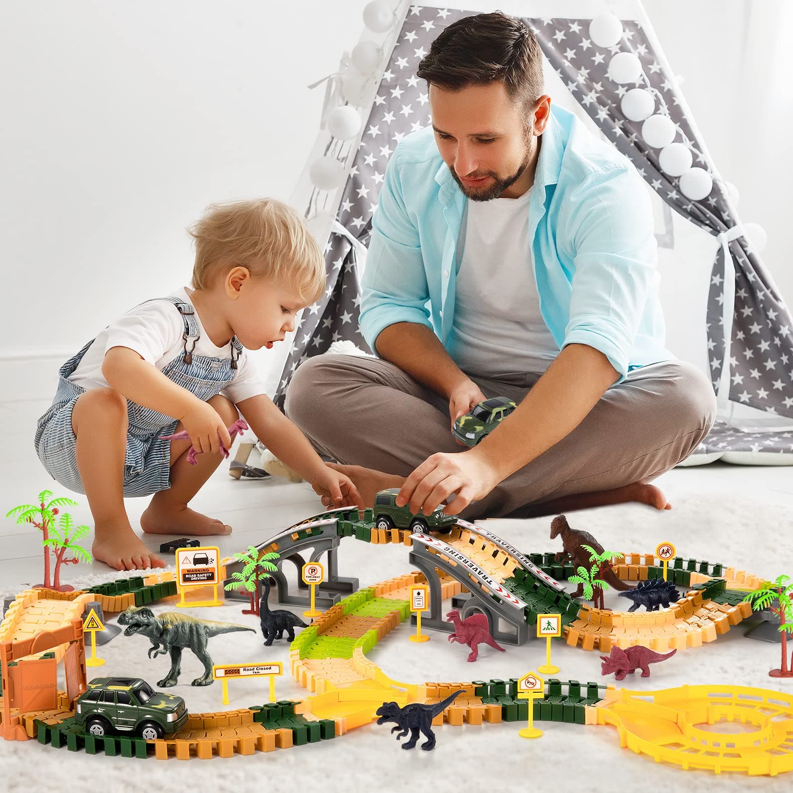TEMI 239PCS Dinosaur Track Toy for Kids Toddlers 2 3 4 5 6 Years, with 2 Pack Race Cars and 7 Pieces Jurassic Dinos, Create A Dinosaur World with Flexible Tracks, Birthday Gifts for Boys Girls