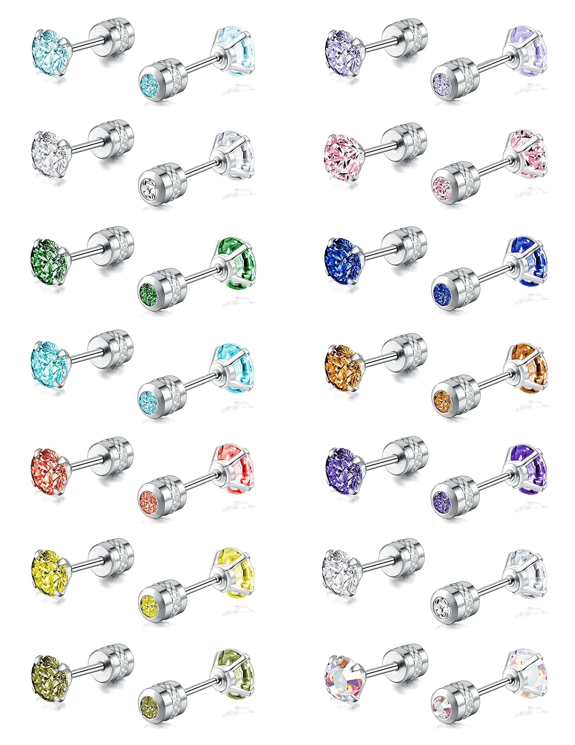 Tornito 7-14 Pairs Stainless Steel CZ Stud Earrings for Women Multicolor Cubic Zirconia Cartilage Helix Earrings Set Screwback 4MM