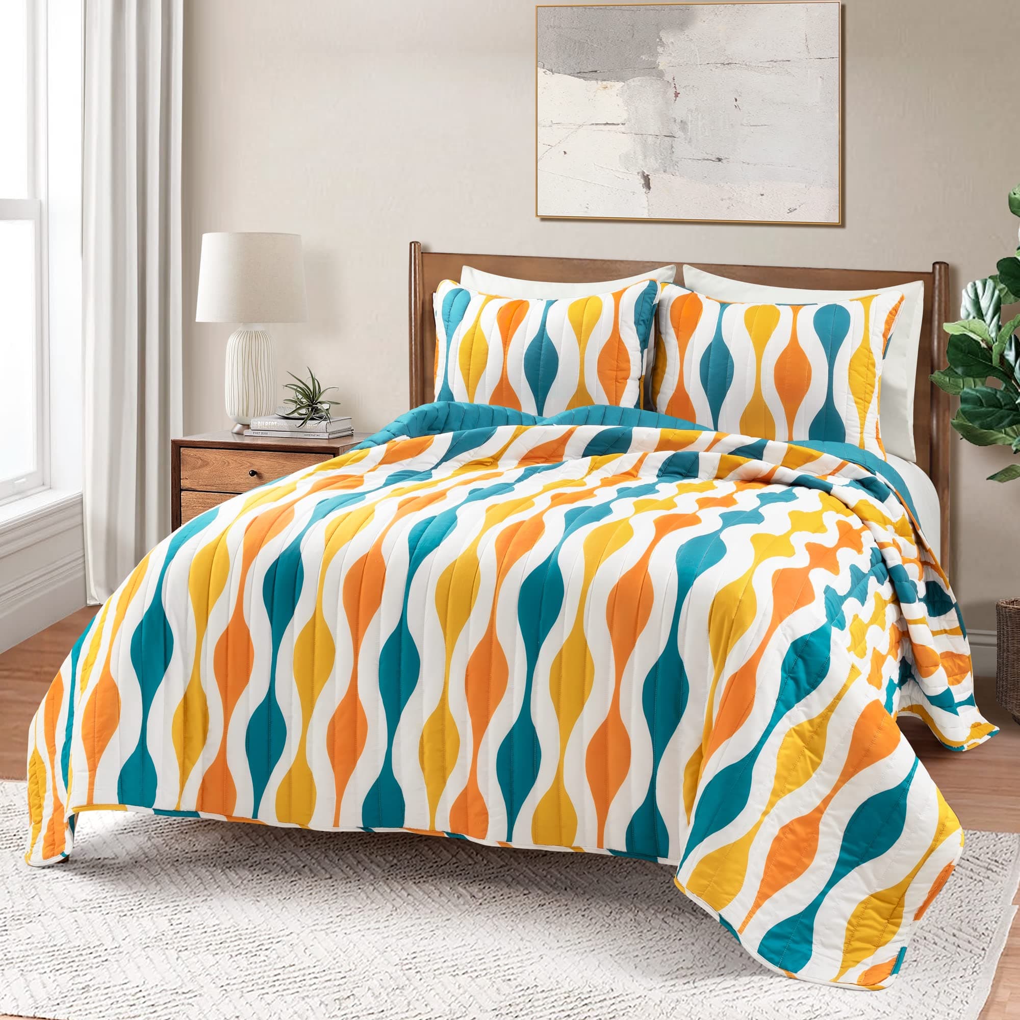 Lush DecorMid Century Geo 3 Piece Quilt Set, King, Turquoise & Orange