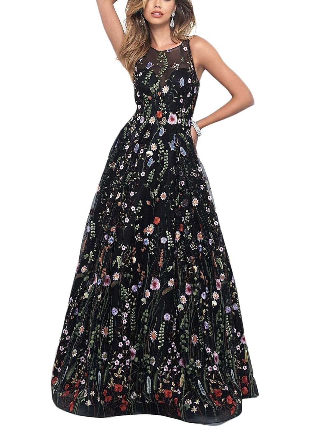 Vanial Long Floral Embroidered Dress Prom Evening Formal Dresses for Women 2018