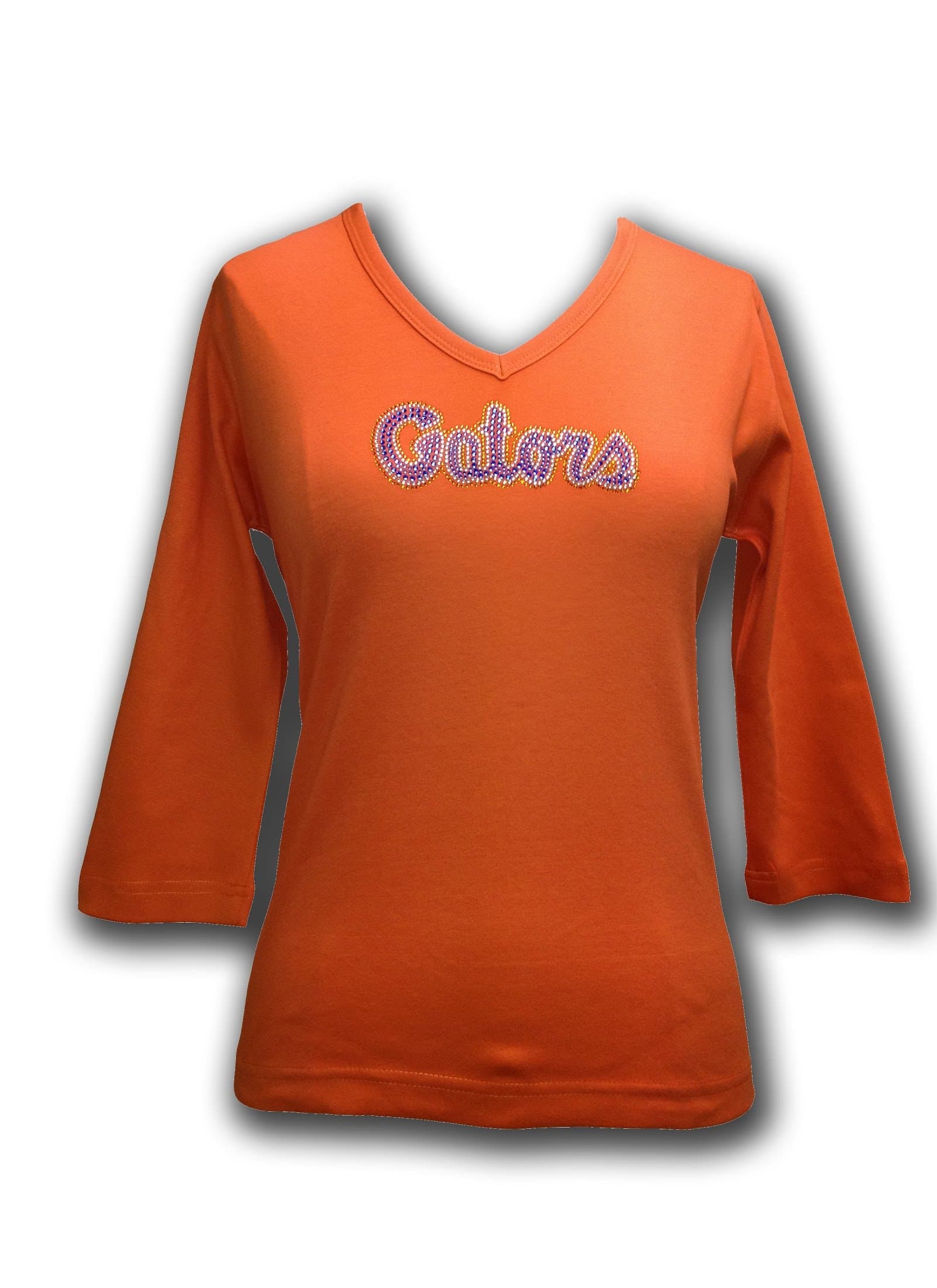 NCAA Florida Gators Women's V-Neck 3/4 Sleeve Knit Pullover T-Shirt with Rhinestone Embellished Gators Script, Orange