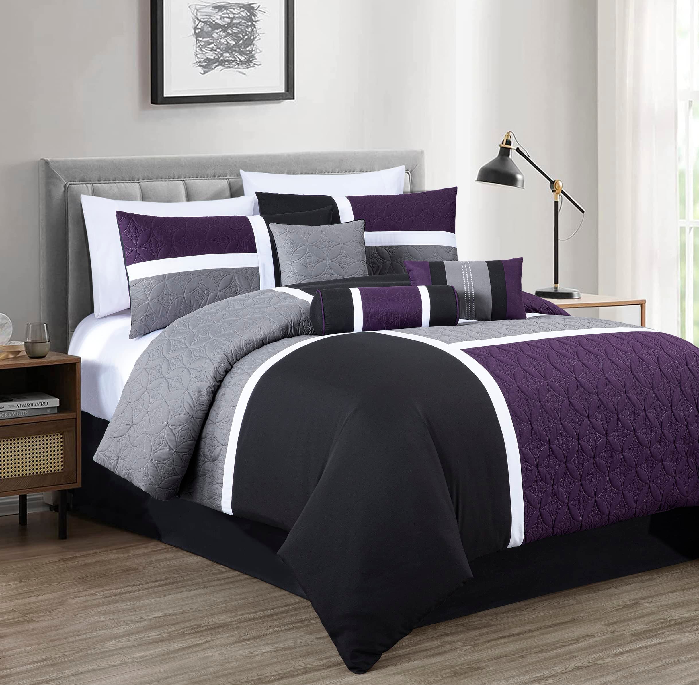 Upland 7-Piece Quilted Patchwork Comforter Set, Purple/Black/Gray, King