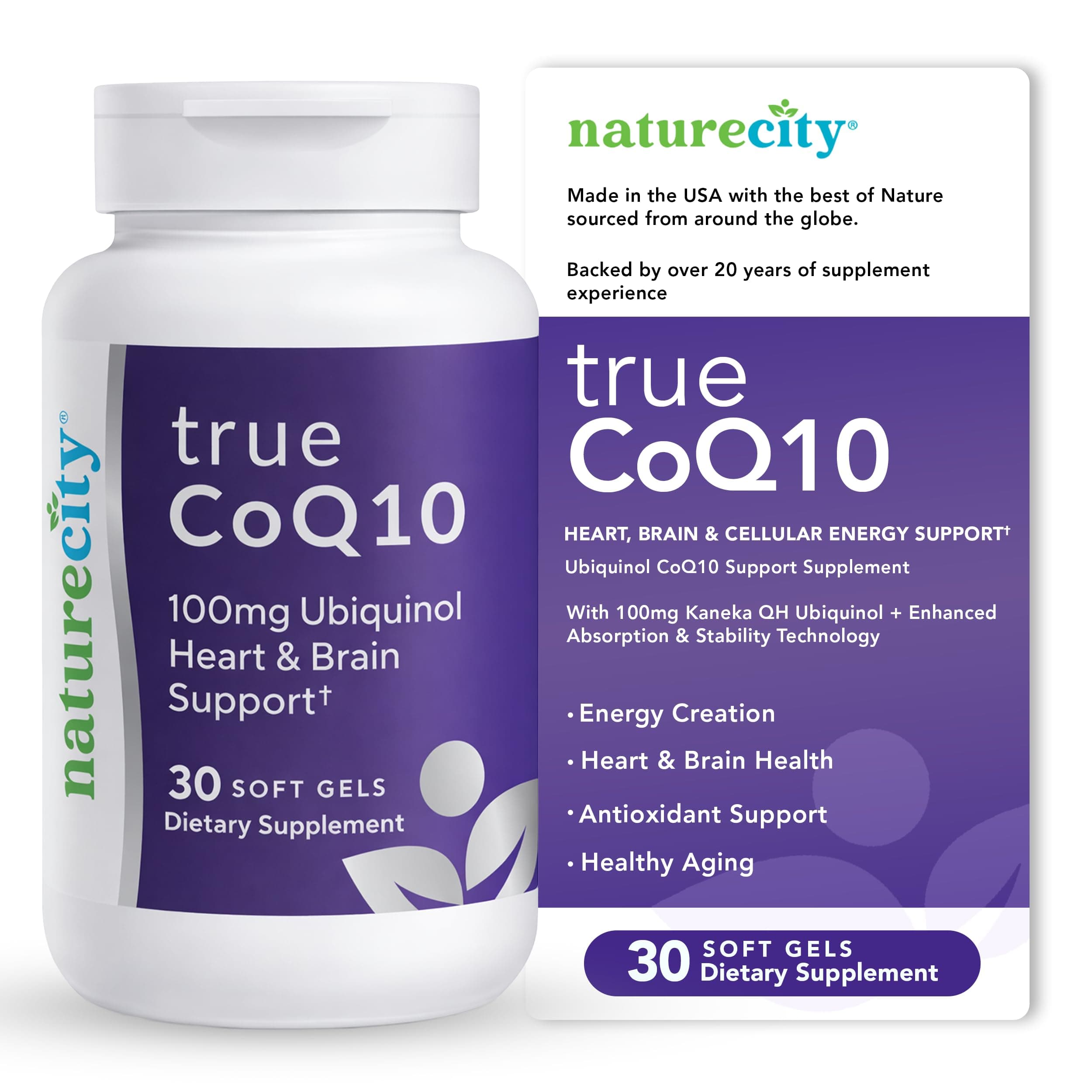 NatureCity True-CoQ10 Ubiquinol 100mg Highly Absorbable and Stablized Kaneka QH CoQ10 Heart, Brain and Cellular Energy Supplement - (30 Soft Gels) Active CoQ10 as Ubiquinol