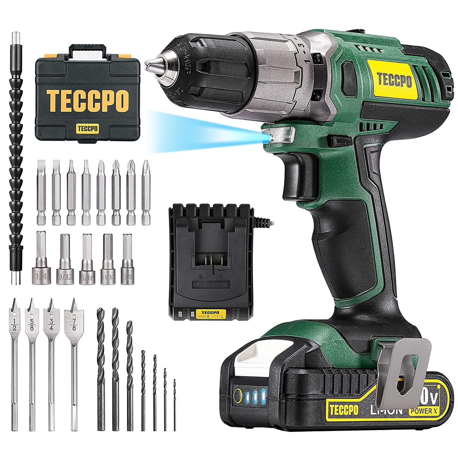 TECCPO Home Tool Kit & Drill, 63Pcs, 2.0Ah Battery and 1 Hour Fast Charger, Cordless Drill with 310 in-lbs Max Torque, 21+1 Clutch, Socket, Screwdriver, Wrench, Storage Toolbox - BHD100D
