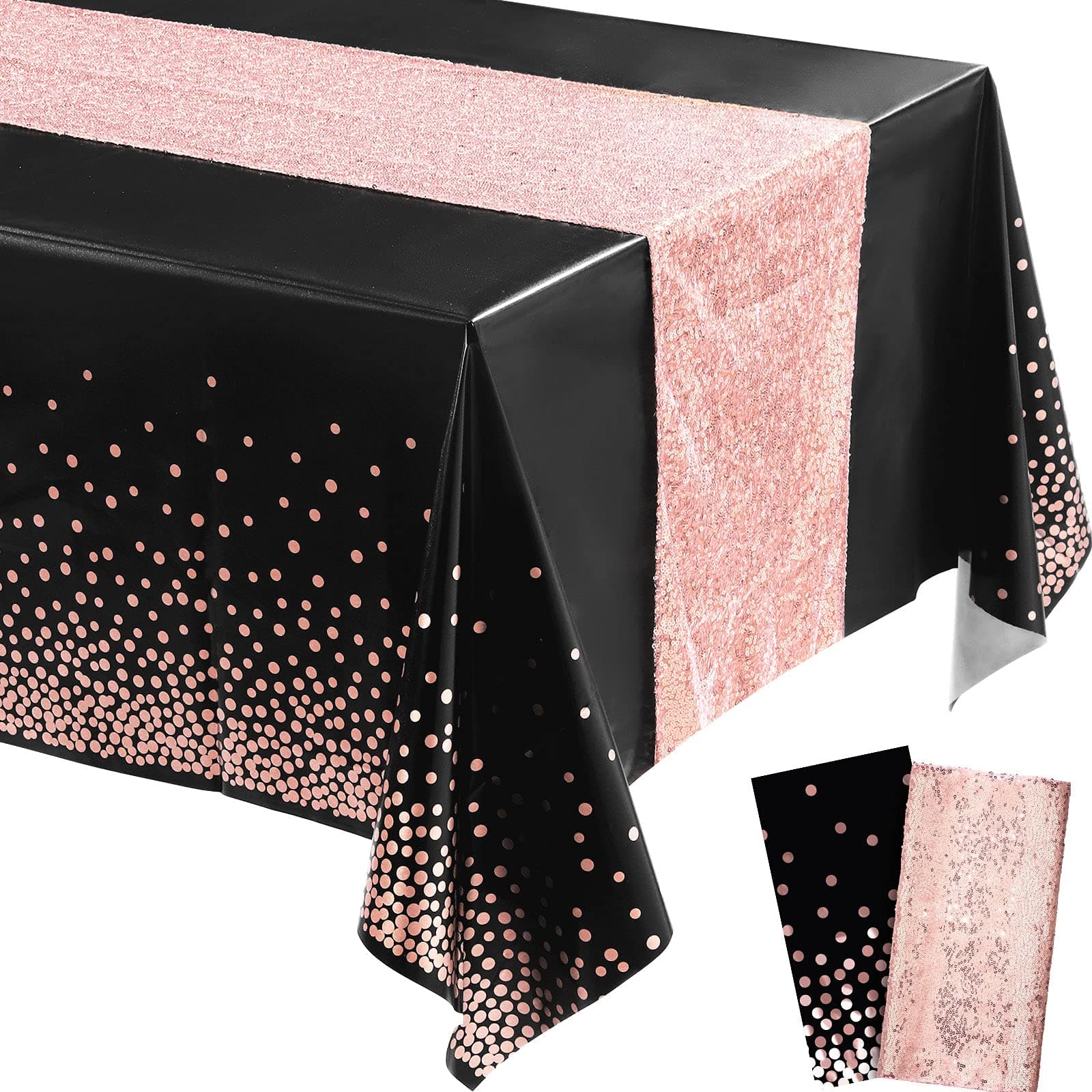 Irenare Tablecloth and Sequin Table Runner Set Polka Dots Confetti Table Cover Dining Plastic Tablecloths Glitter Decorations for Birthday Wedding Anniversary Party Supplies(Black, Rose Gold,2 Pcs)