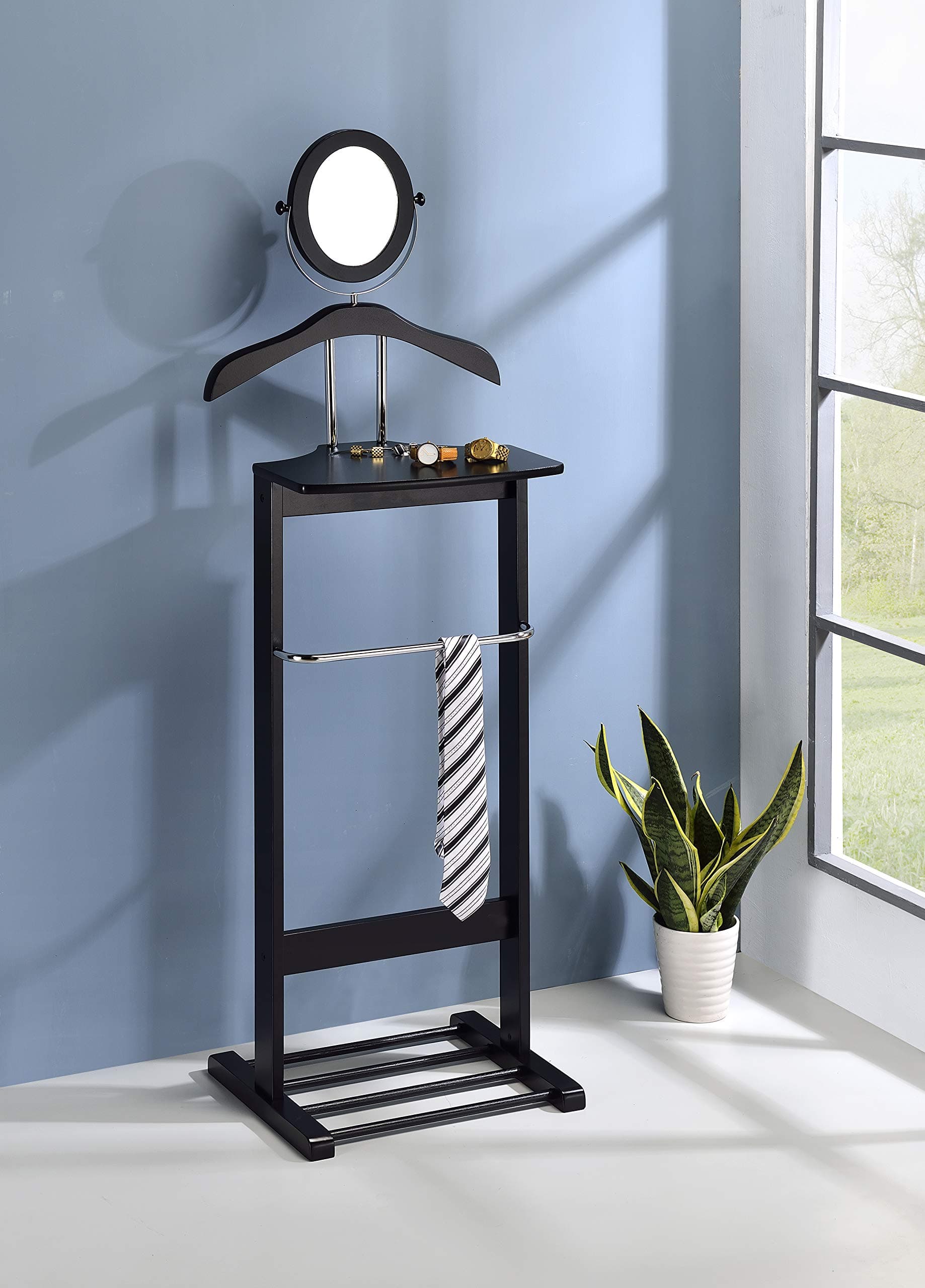 KB Designs - Black Wood Suit & Tie Freestanding Valet Stand, Clothing Organizer Rack