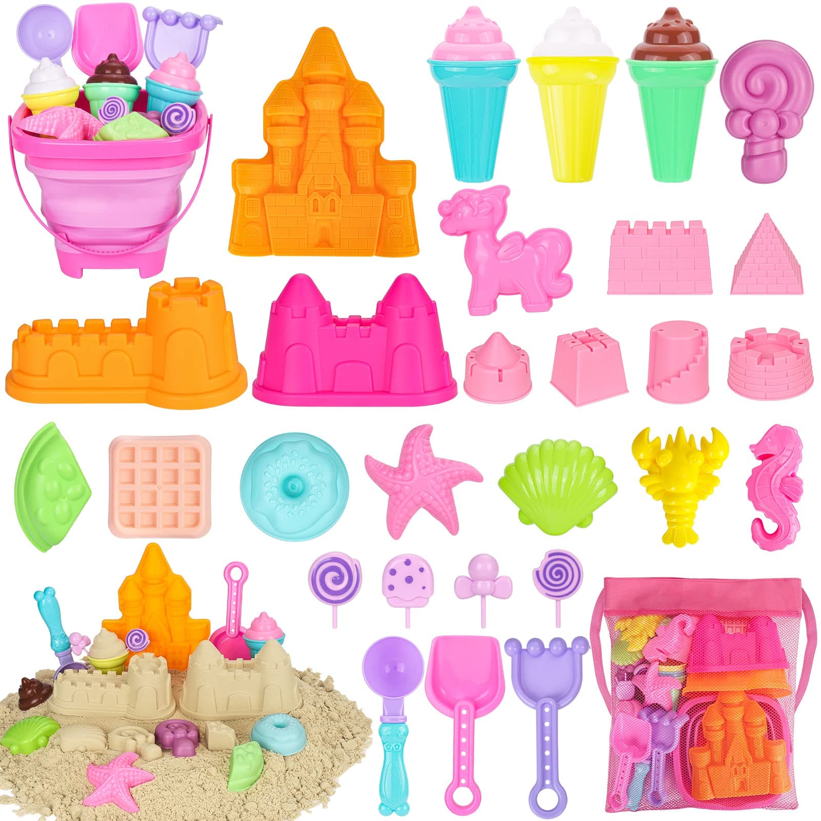 Beach Toys, 30Pcs Ice Cream Sand Toys, Sandbox Toys with Collapsible Sand Bucket and Sand Castle Kit, Cake, Lollipop, Sea Animal, Unicorn Molds, Shovels Set, Mesh Bag, Travel Toys for Girls 3+